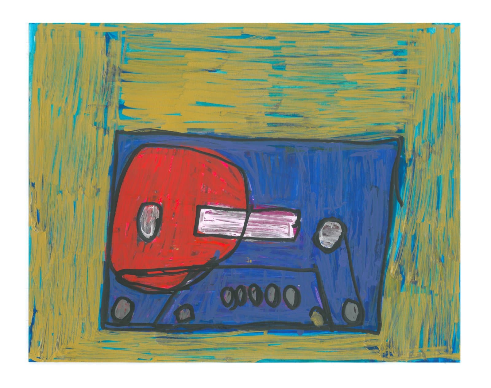 Acrylic and ink painting of a cassette tape depicted in red and blue, set against a yellow-green streaked background.