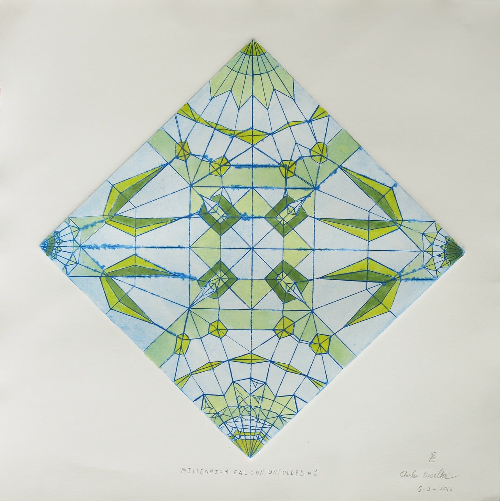 Geometric drawing in marker and watercolor on white paper, diamond-oriented symmetrical pattern in blue, green, and yellow-green.