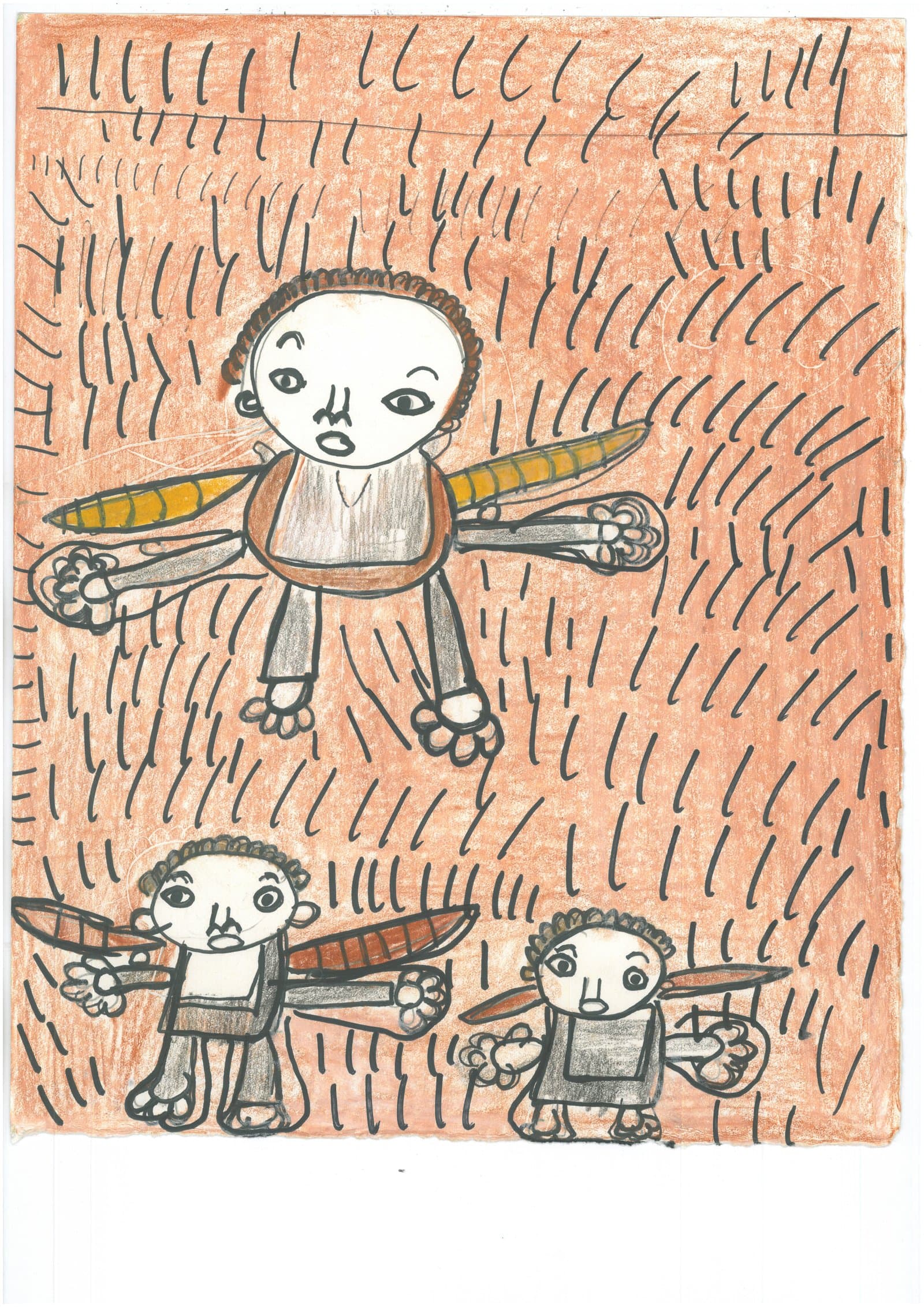 Drawing in marker and crayon of three winged humanoid figures on an orange background filled with black dash marks.
