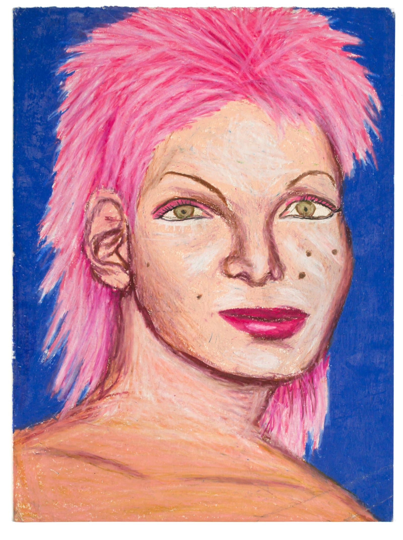 Pastel portrait of a figure with voluminous pink hair, green eyes, and red lips against a cobalt blue background.