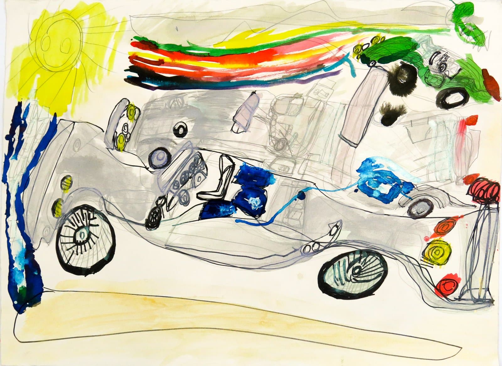 Mixed-media drawing of cars and vehicles with a rainbow arc, smiling sun, and bold splashes of color on white paper.