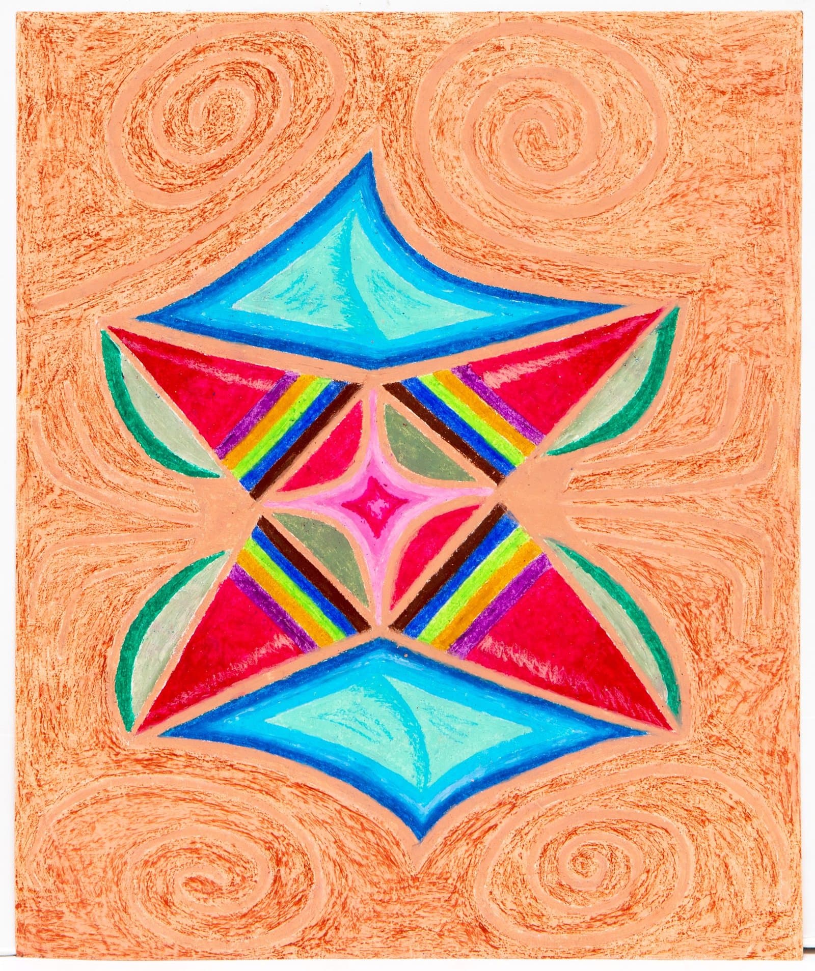 Geometric pastel drawing with symmetrical diamond shapes in blue, red, and rainbow colors on orange swirled background