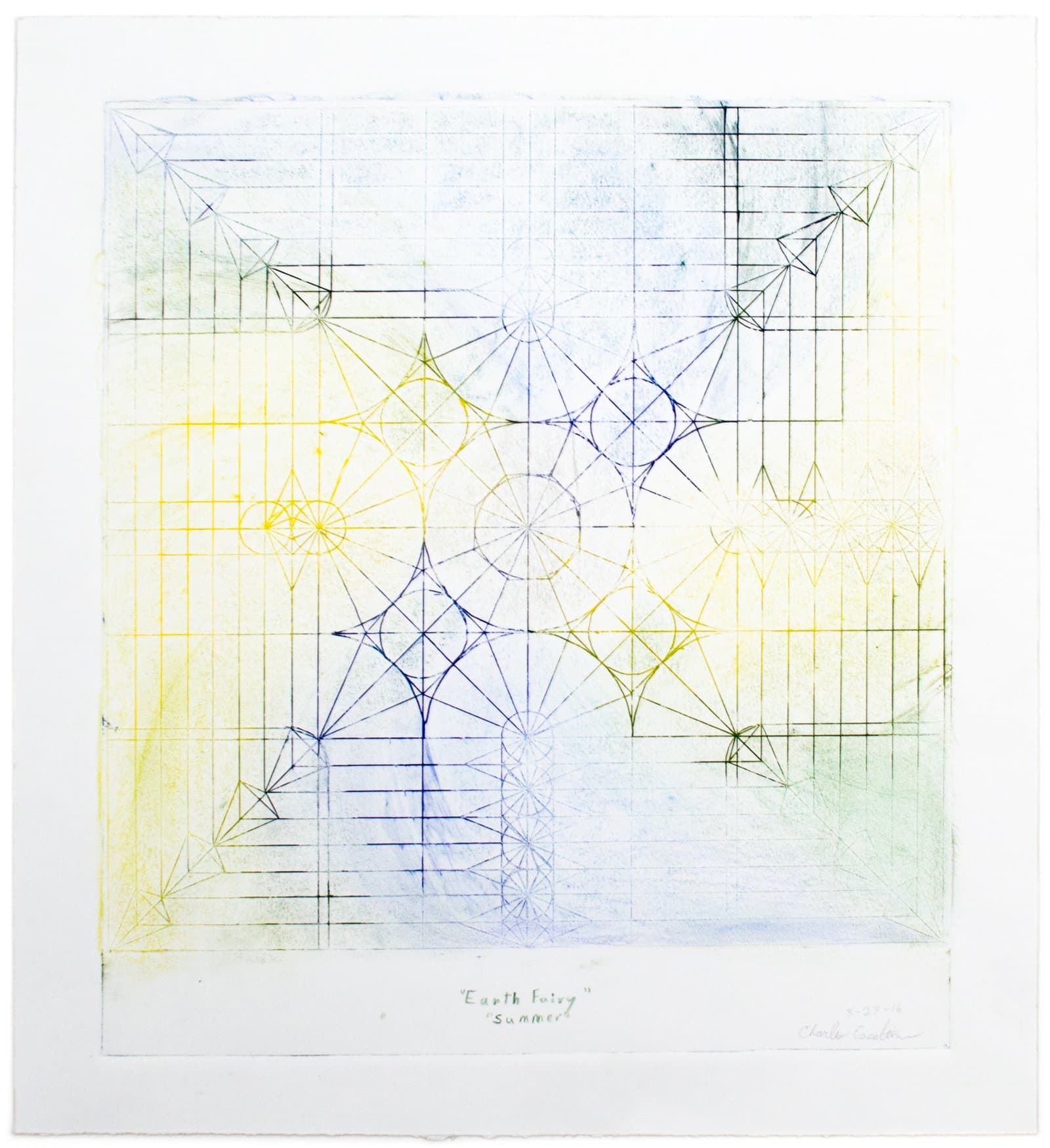 Etching with geometric grid, star and compass-like forms in yellow, blue, and green on white paper.