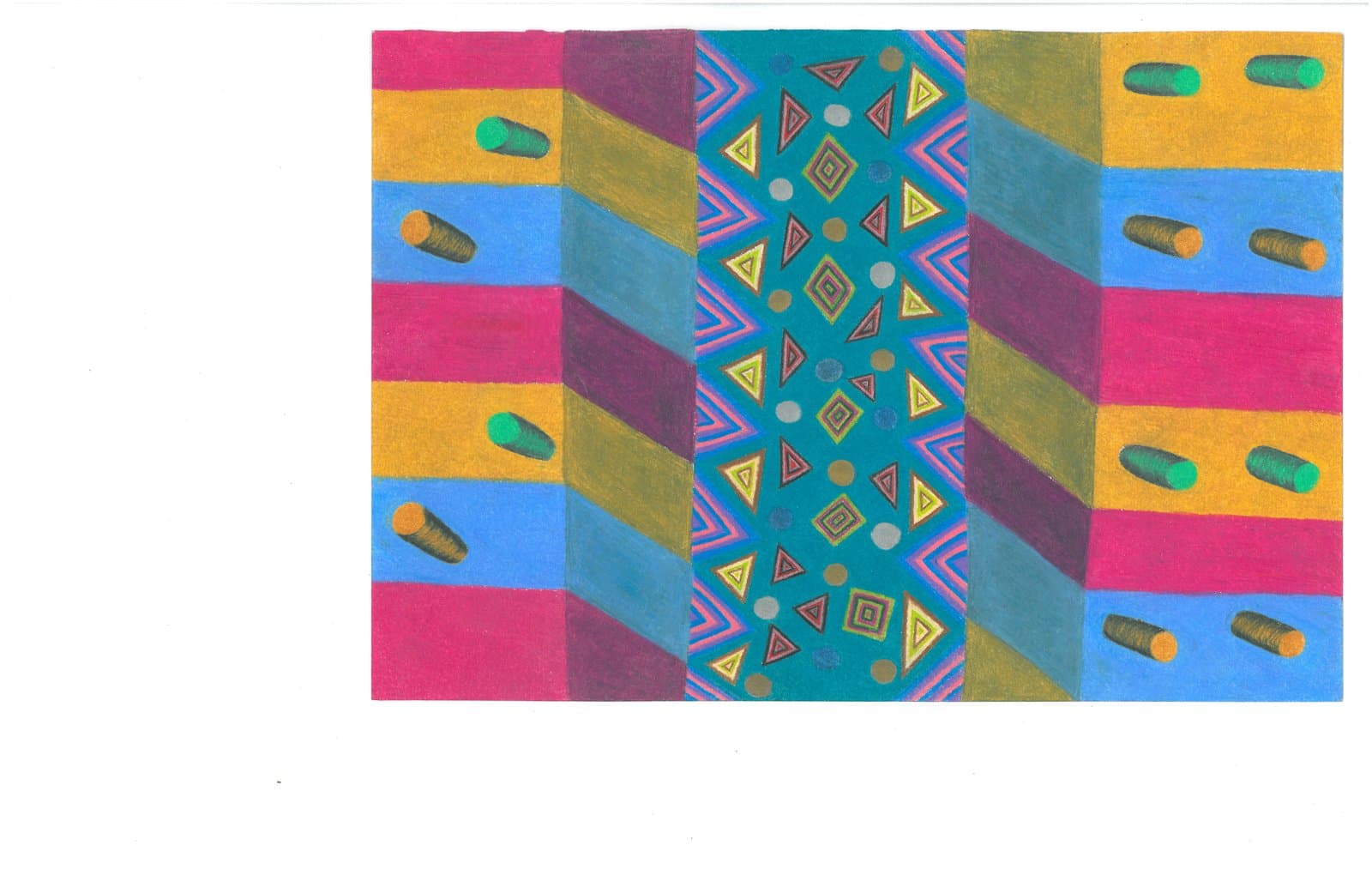 Colored pencil drawing with vertical patterned bands in pink, blue, gold, and teal, scattered with small cylindrical forms.