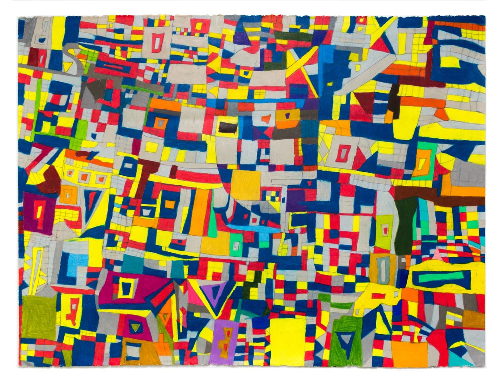 Dense colored pencil drawing of tightly packed geometric forms suggesting an aerial cityscape in vivid primary colors on paper.