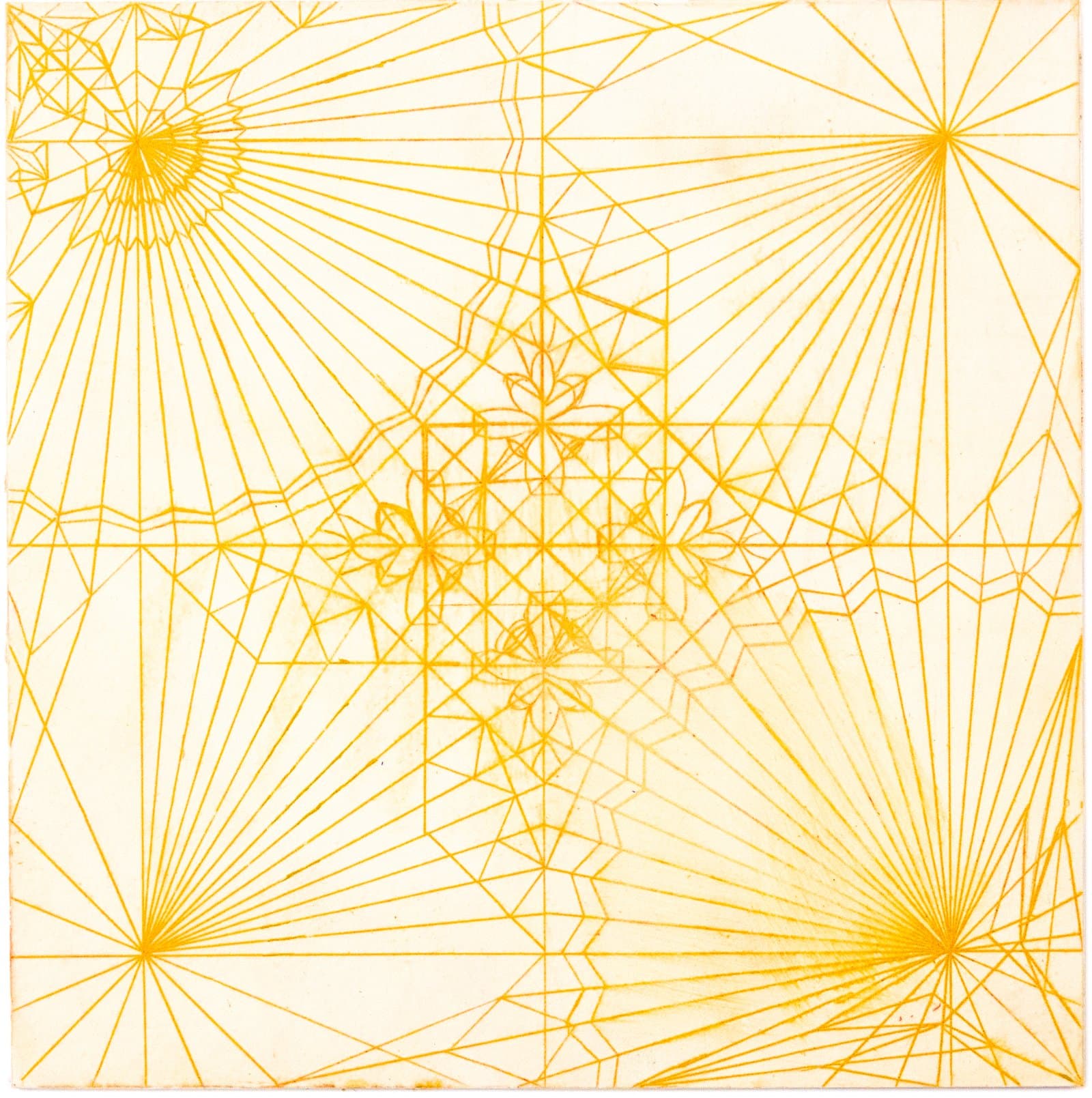 Geometric drawing with radiating lines, star bursts, and floral lattice forms in golden yellow on cream paper.