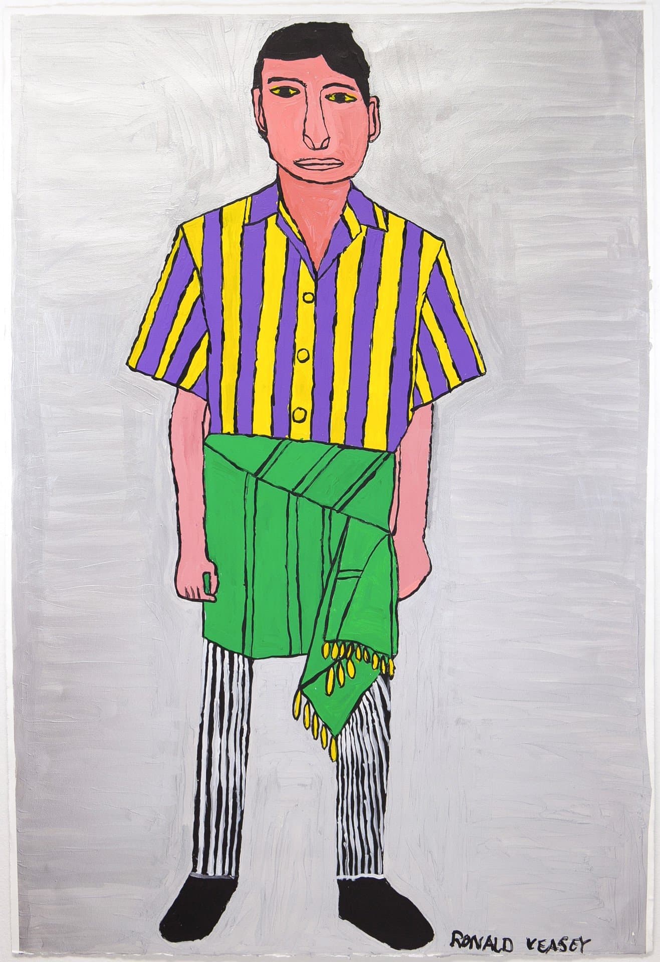 Portrait painting of a standing man in purple and yellow striped shirt and green wrap-around skirt in acrylic on paper.