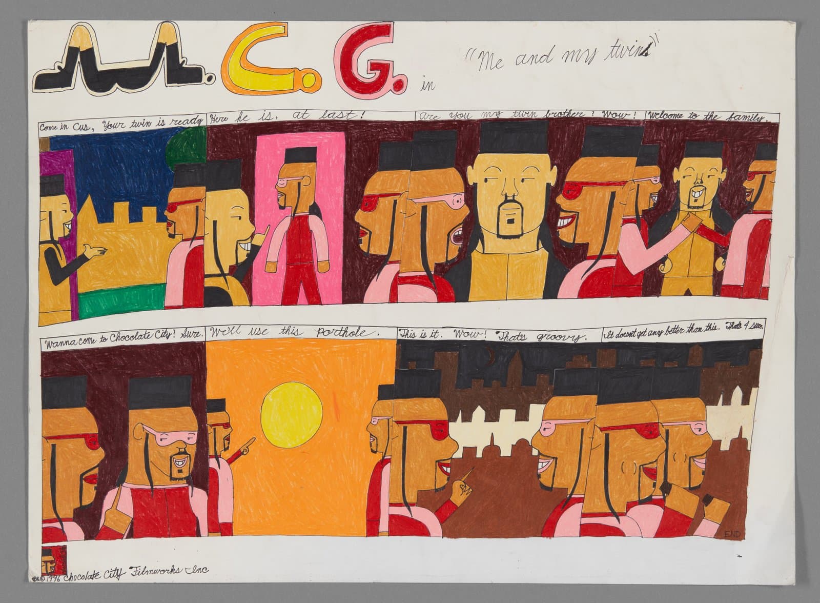 Comic strip drawing in colored pencil showing multiple panels with stylized figures in orange and red clothing on white paper.