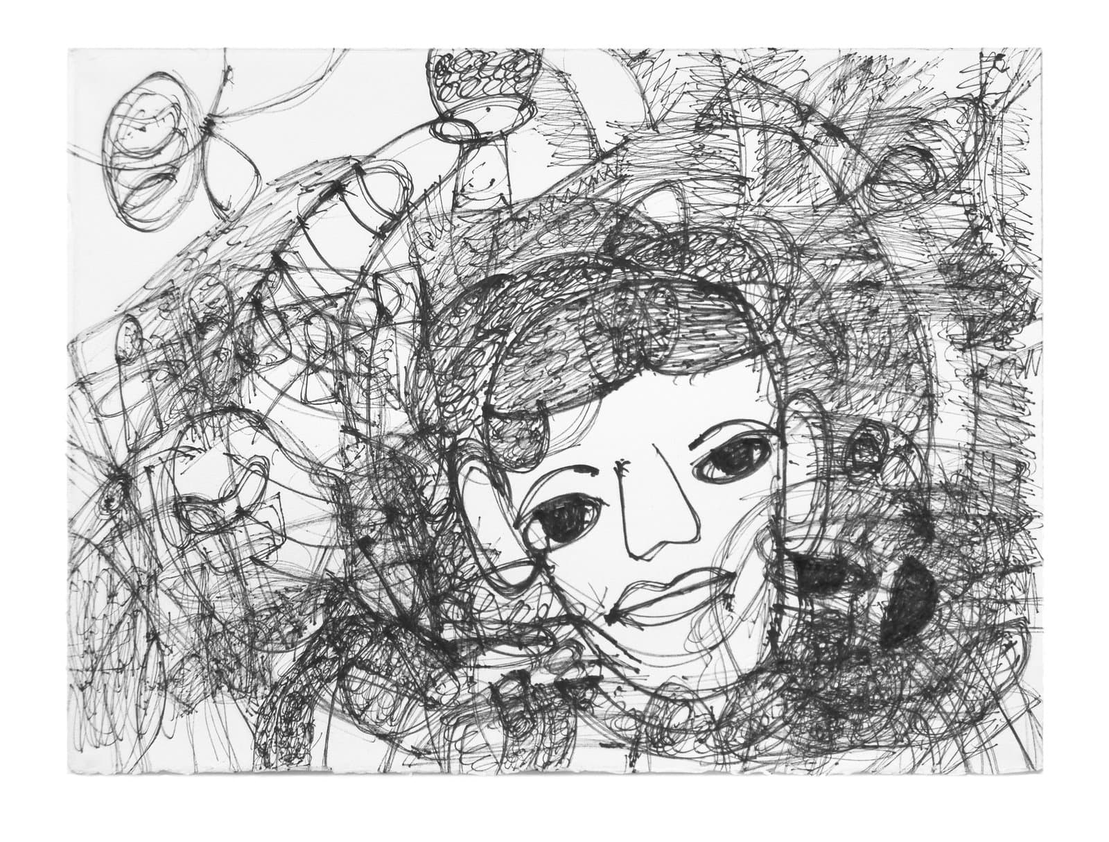 Ink drawing on white paper featuring a human face surrounded by dense, energetic scribbled lines and circular forms.
