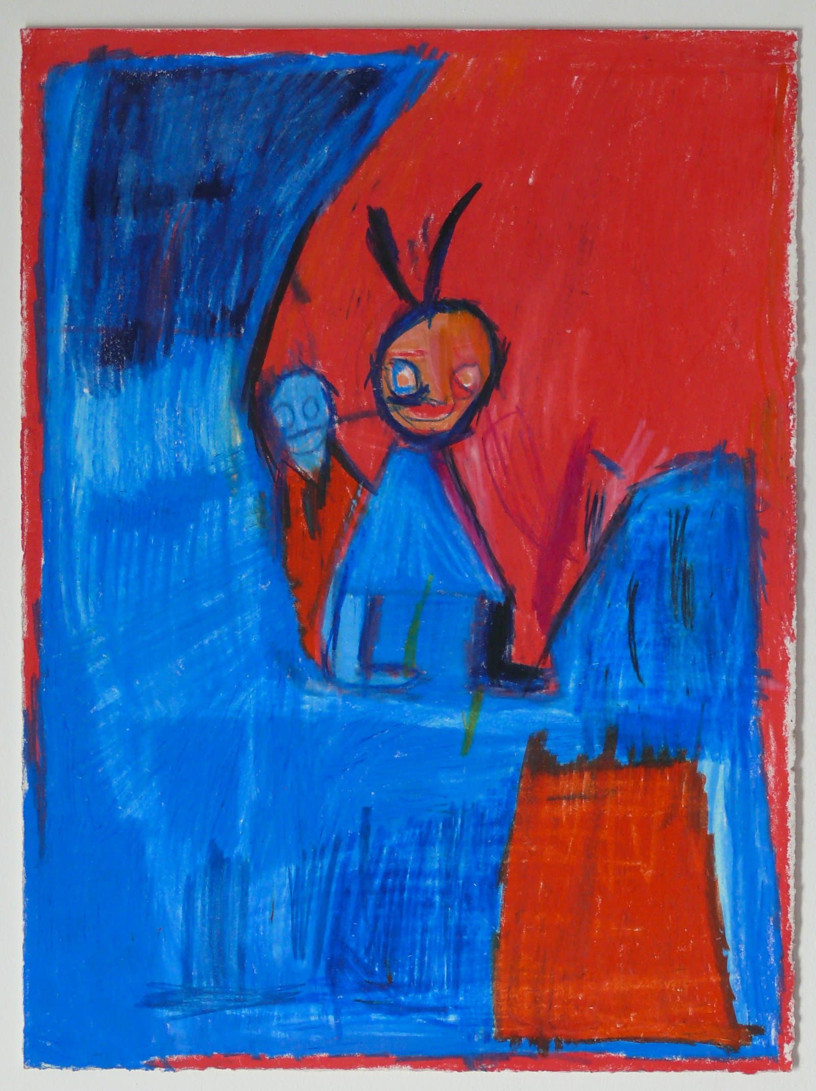 Oil pastel drawing with two figurative forms in blue on a red background, with an orange rectangular shape at lower right.