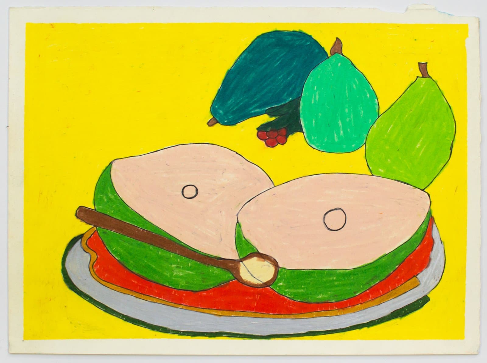 Pastel drawing of a halved avocado with spoon on a plate and three pears against a bright yellow background.