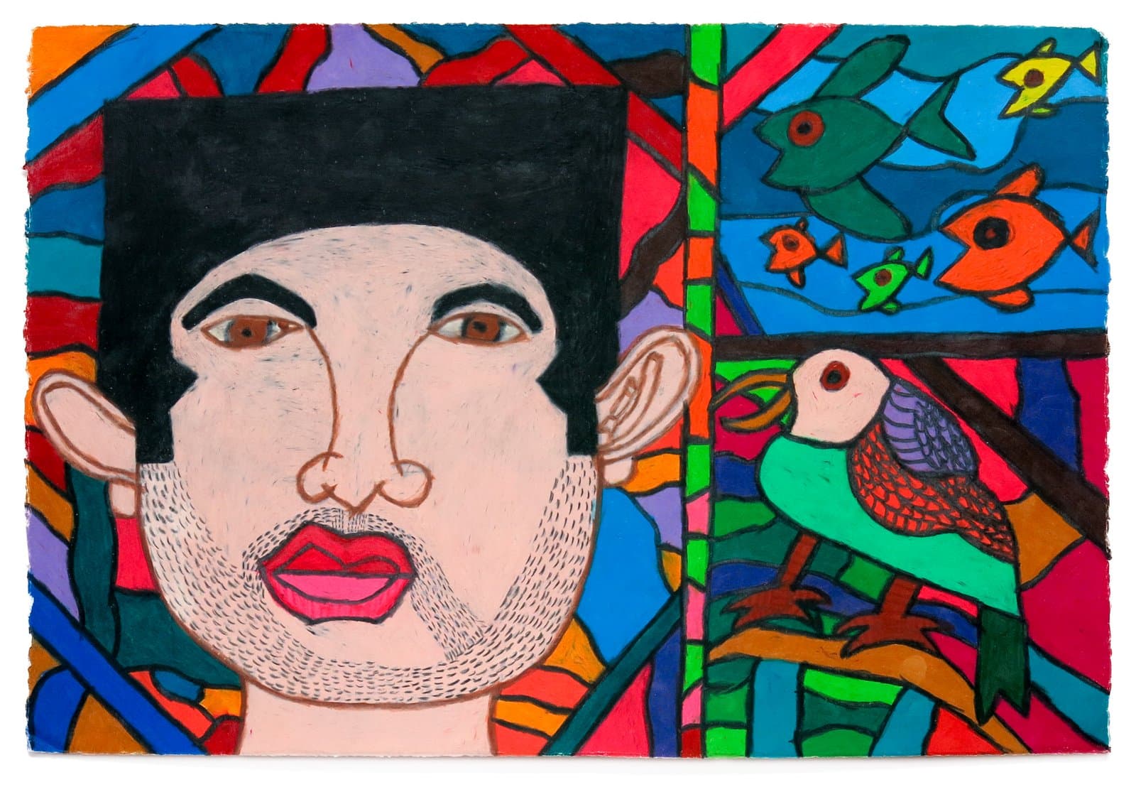 Colorful drawing of a large male face on the left and a parrot with fish on the right, in marker on paper.