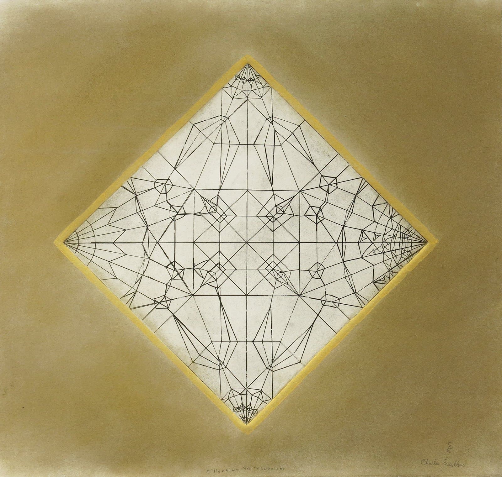 Drawing of intricate geometric linework forming a diamond shape on white paper, set against a golden ochre background.