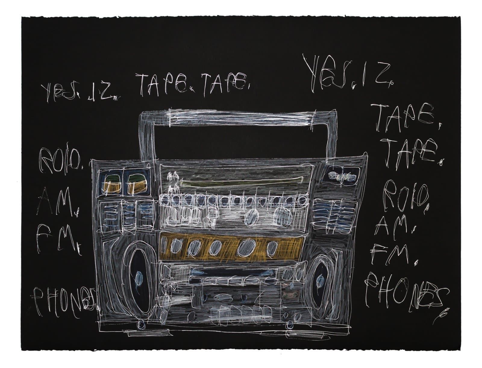 Boombox drawn in white ink and colored pencil on black paper, with handwritten text reading 'TAPE, TAPE, RADIO, AM, FM, PHONES.'