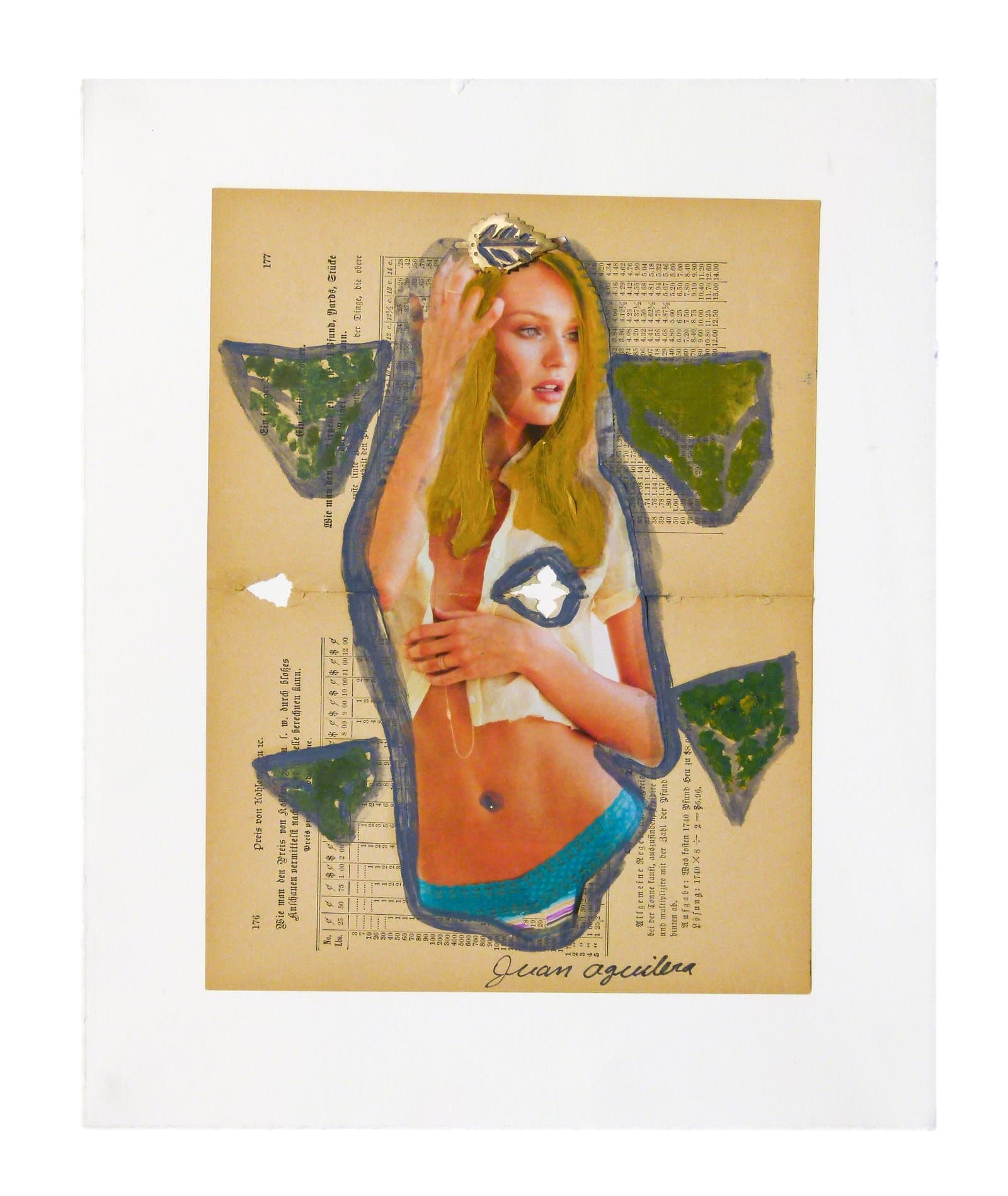 Mixed-media collage on aged book page featuring a magazine photo cutout of a woman outlined in blue paint with green triangular forms.