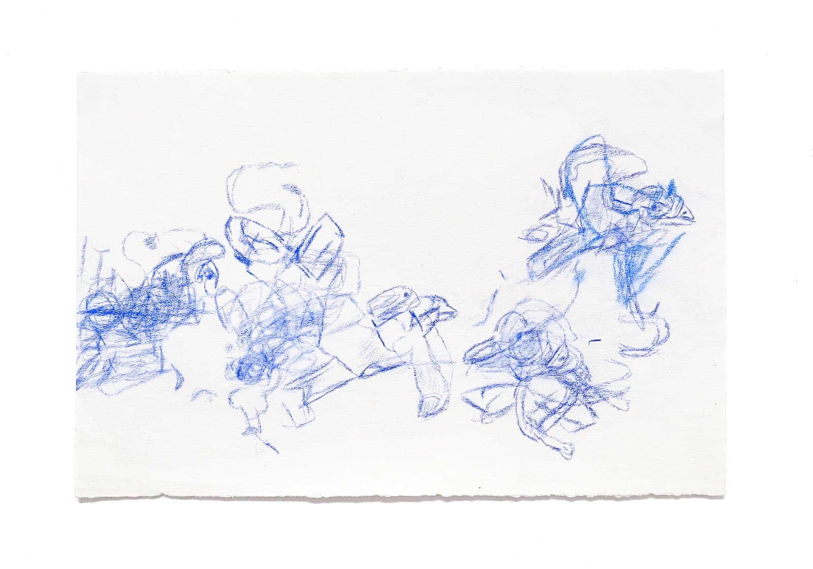 Loose blue colored pencil drawing on white paper depicting clustered figurative and abstract forms across the horizontal center.