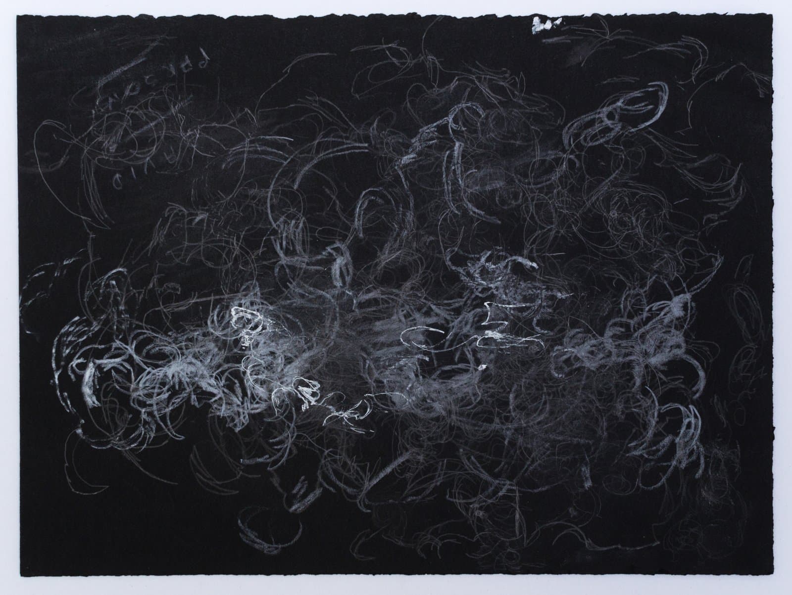 Abstract drawing in white chalk or pastel on black paper with dense, swirling curvilinear marks across the surface.