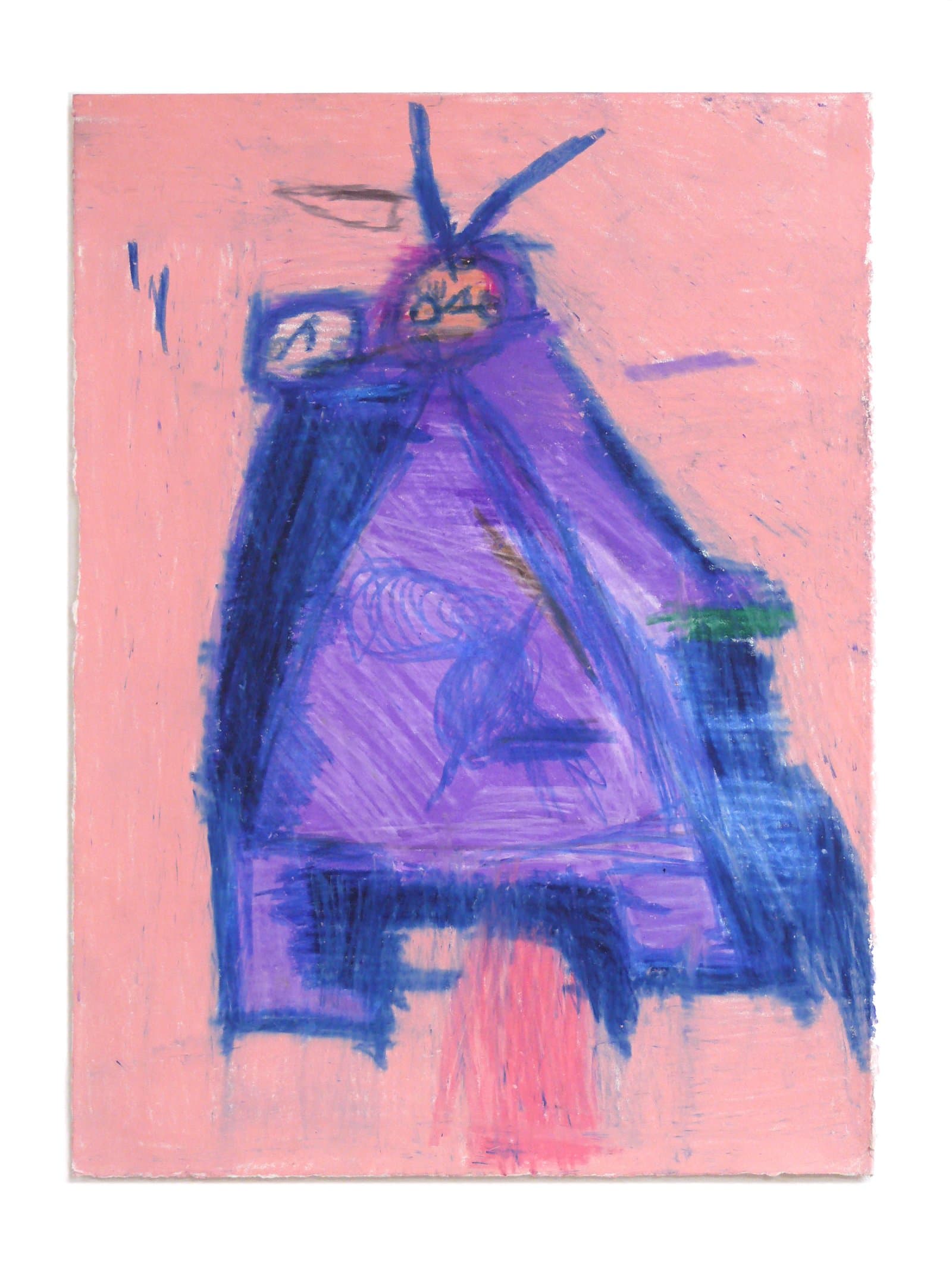 Colored pencil drawing of a large triangular figure with a small face at top, in blue and purple on a pink background.