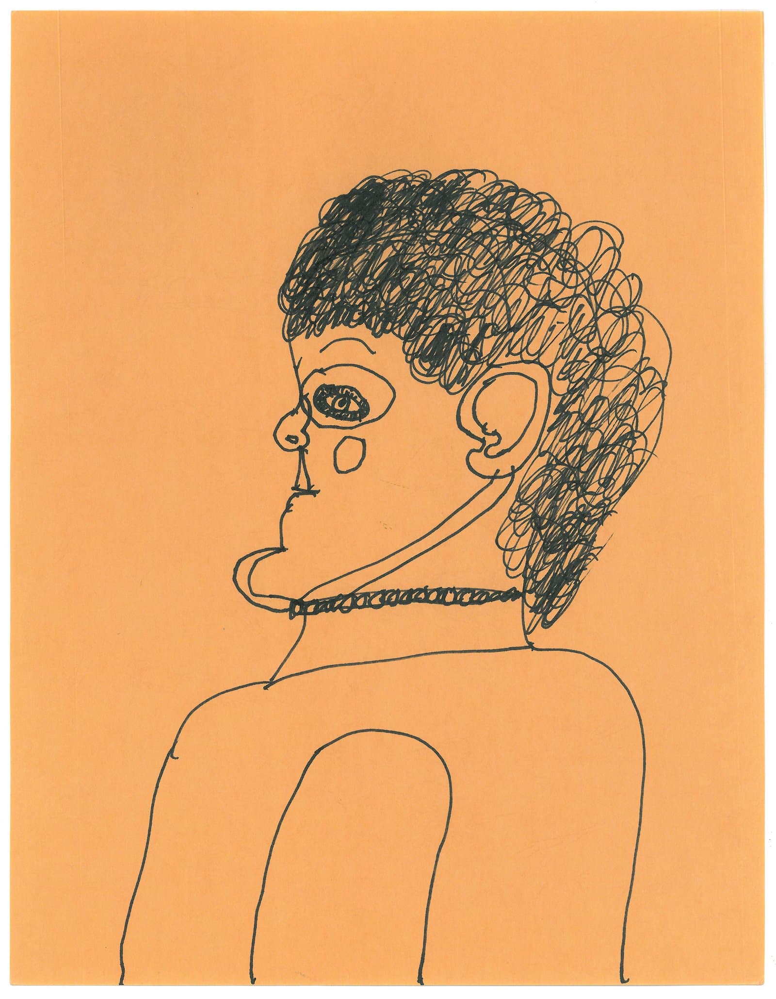 Pen drawing of a figure in profile on orange paper, with scribbled dark hair, a necklace, and bare shoulders.