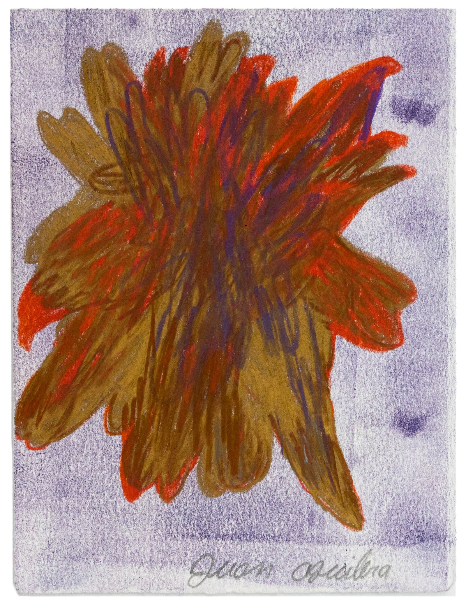 Monoprint of a large flower-like form in red, brown, and purple on a soft lavender background.