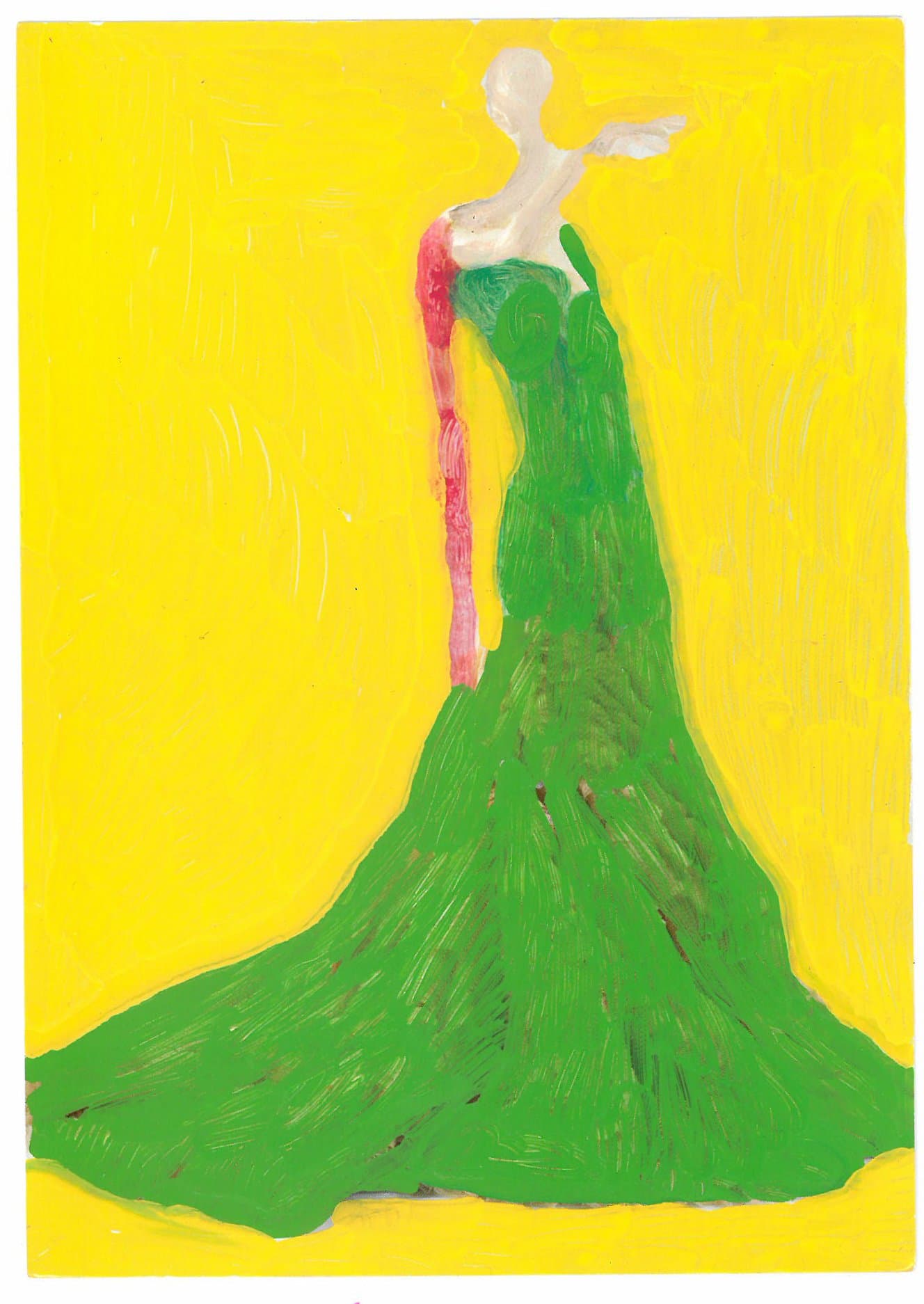 Acrylic painting on photograph of a figure in a flowing green gown with one arm raised, on a vivid yellow background.