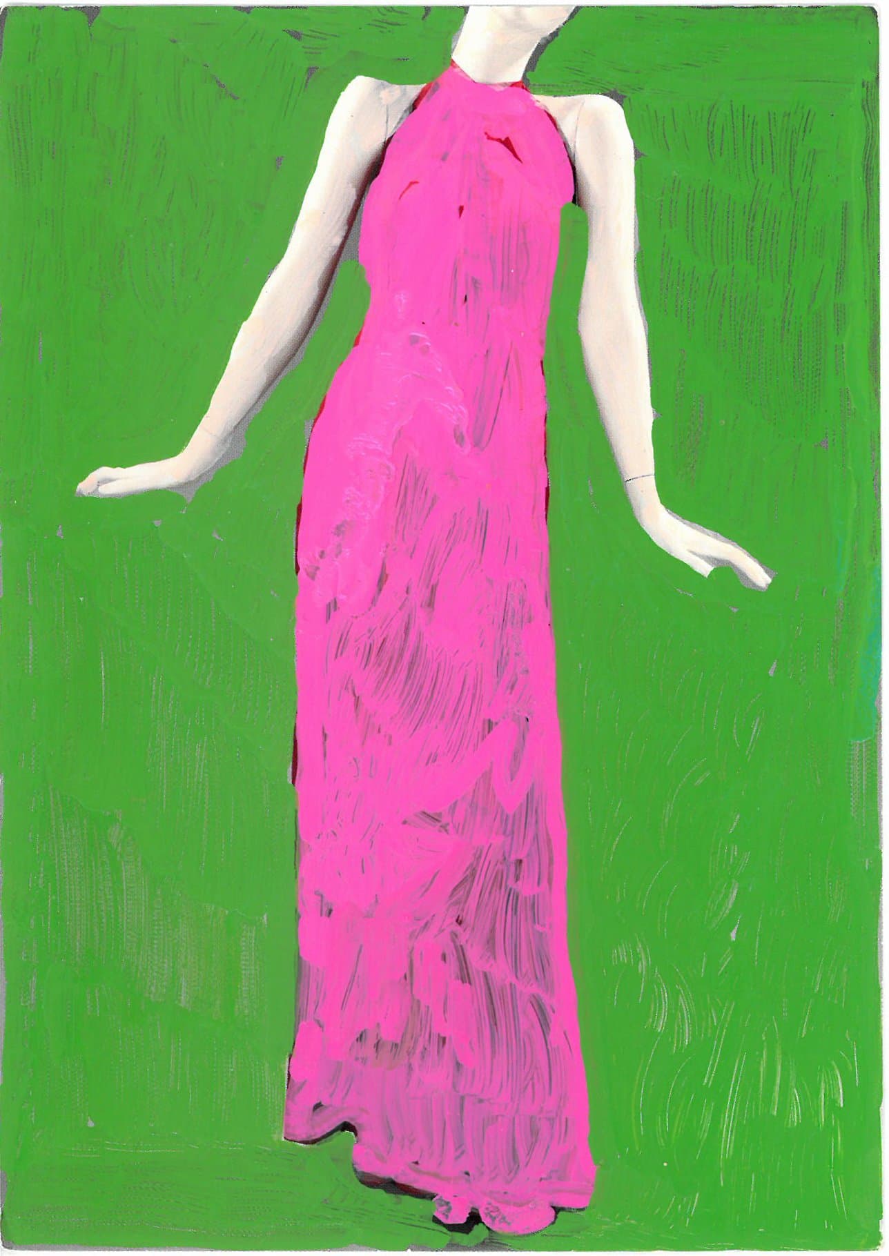 Acrylic on photograph of a headless mannequin wearing a bright pink halter gown against a painted green background.