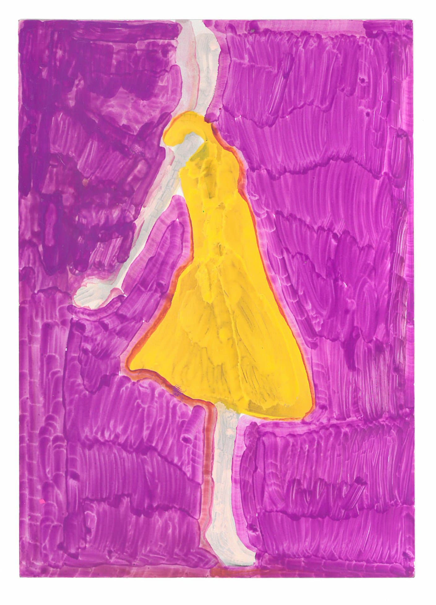 Acrylic painting over photograph of a figure in a yellow dress, set against a heavily brushed magenta-purple background.