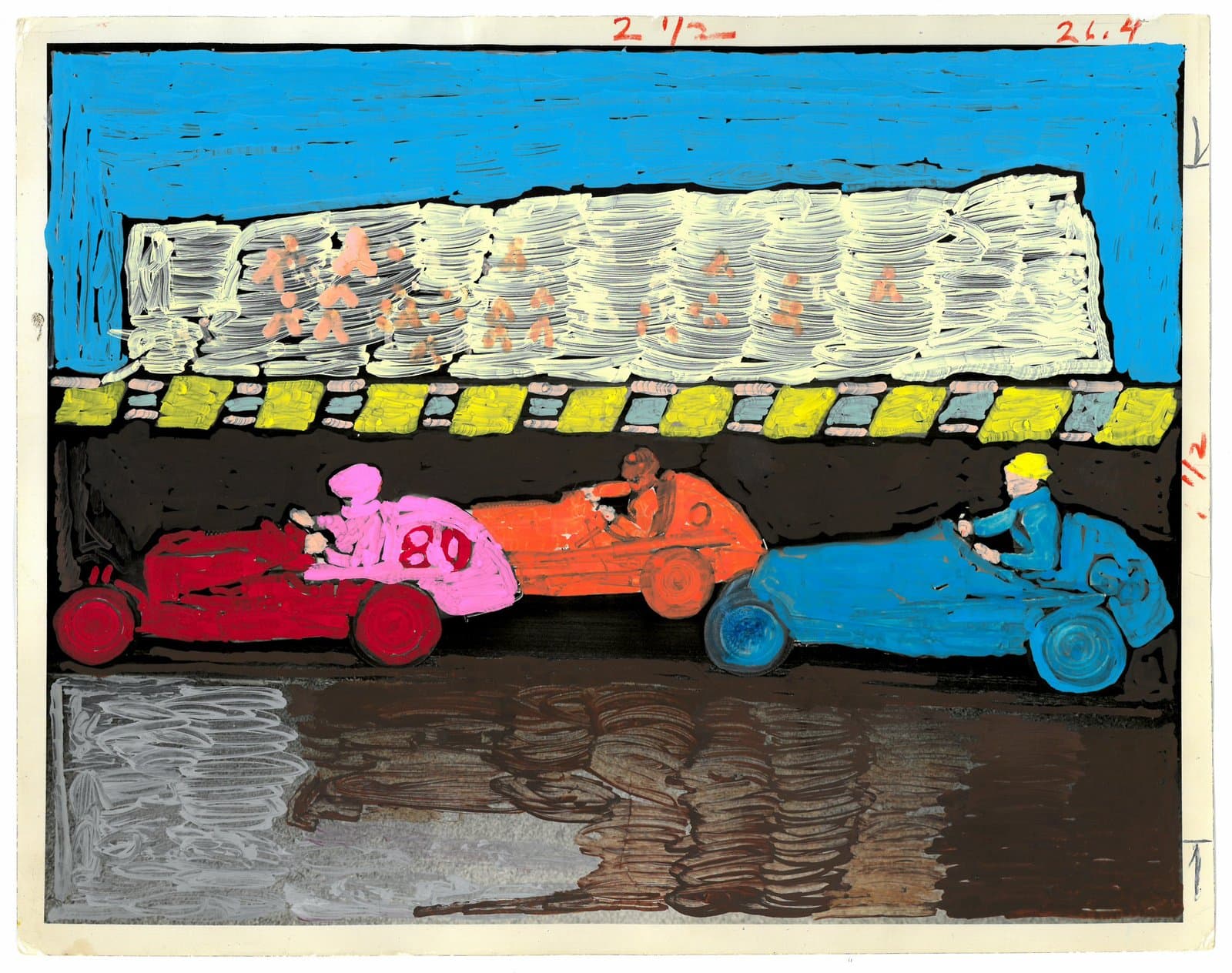 Acrylic painting over photograph showing three colorful race cars—red, orange, and blue—driven by figures on a track.