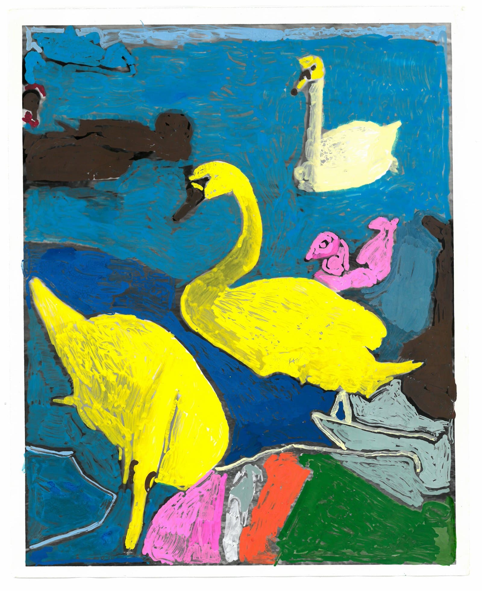 Acrylic painting of swans and ducks on blue water, featuring bold yellow, pink, brown, and white birds.