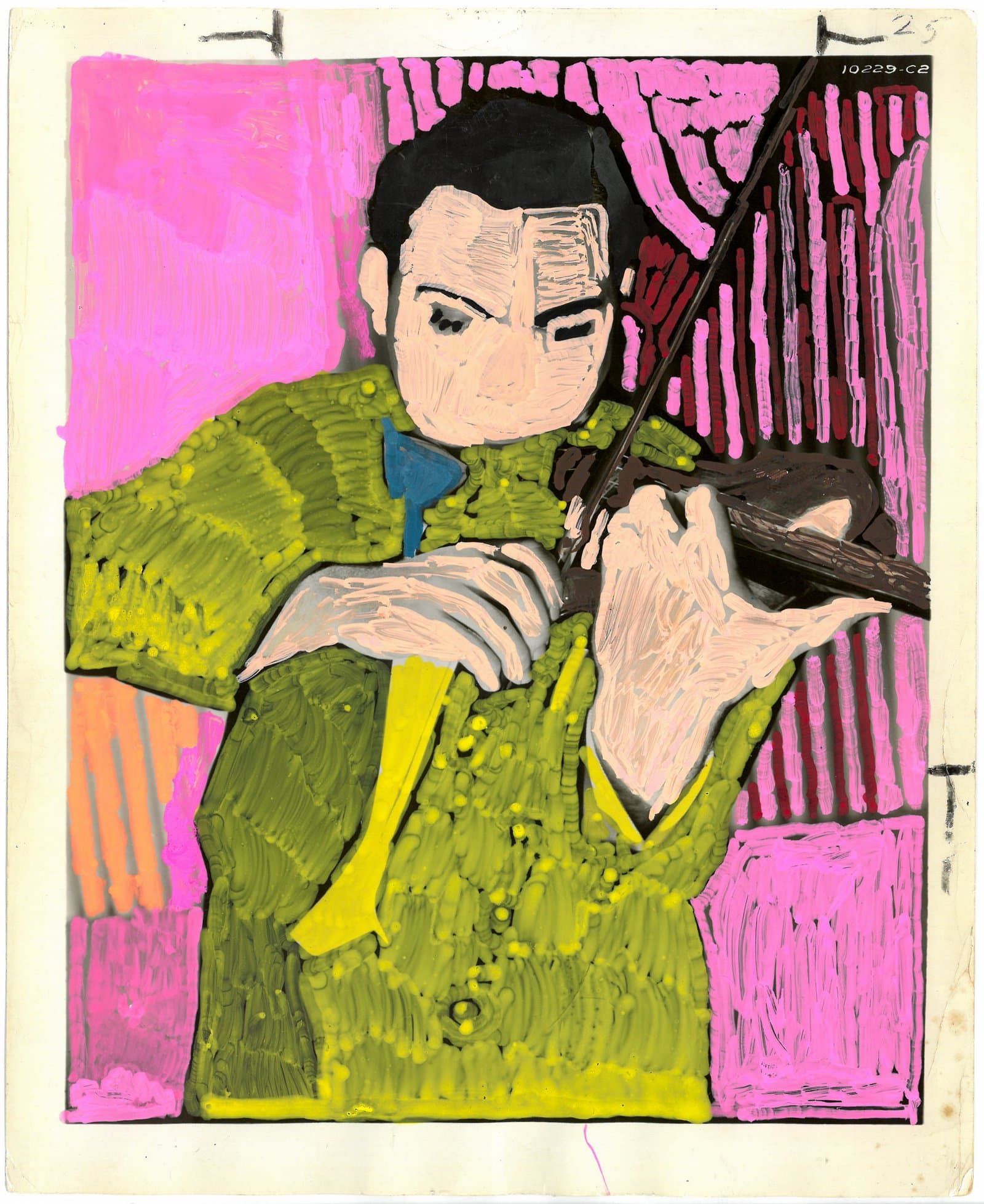 Acrylic painting on found photograph of a man playing violin, wearing a green jacket against a vivid pink background.