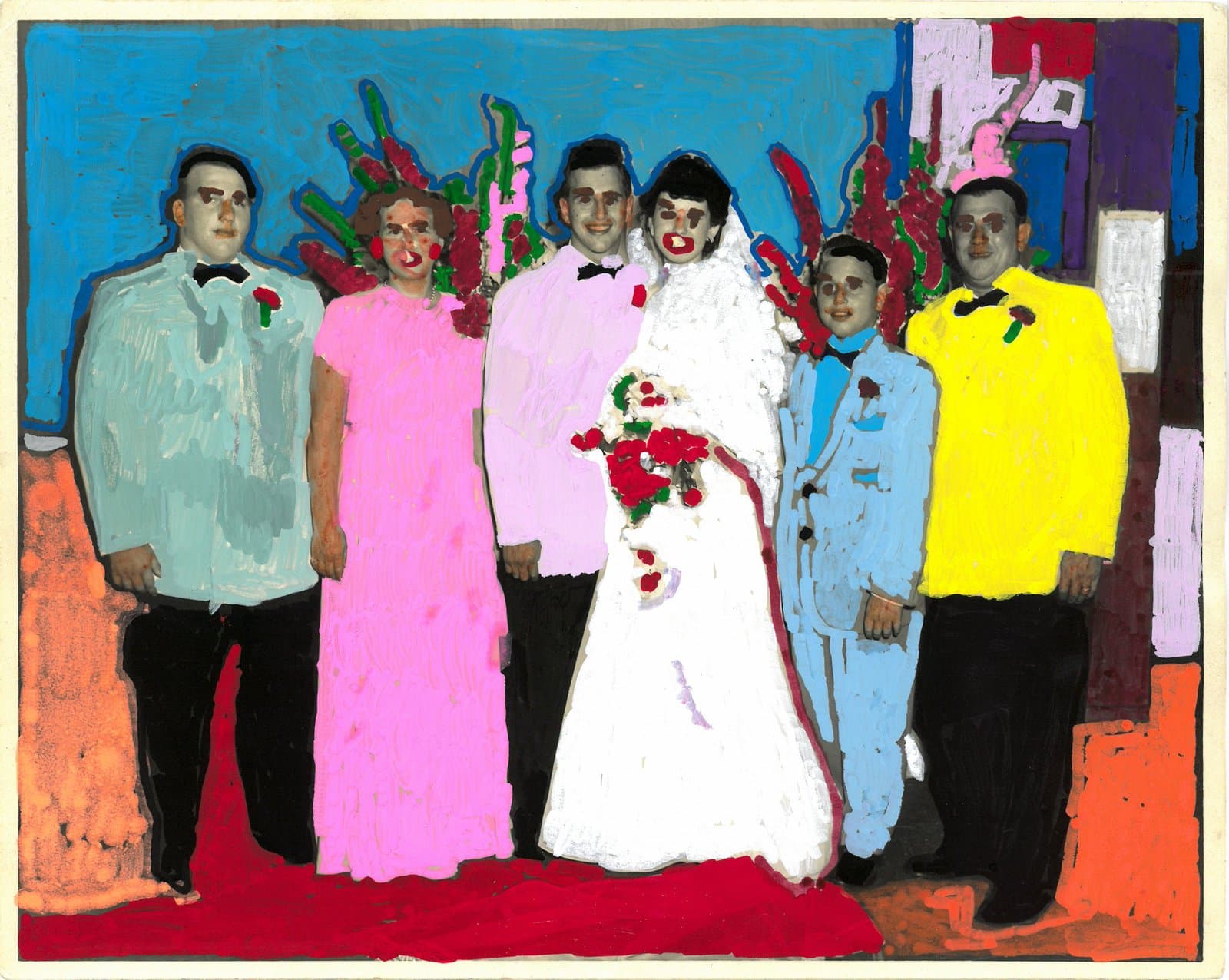 Acrylic painting over a found photograph depicting six figures posing as a wedding party against a blue background.