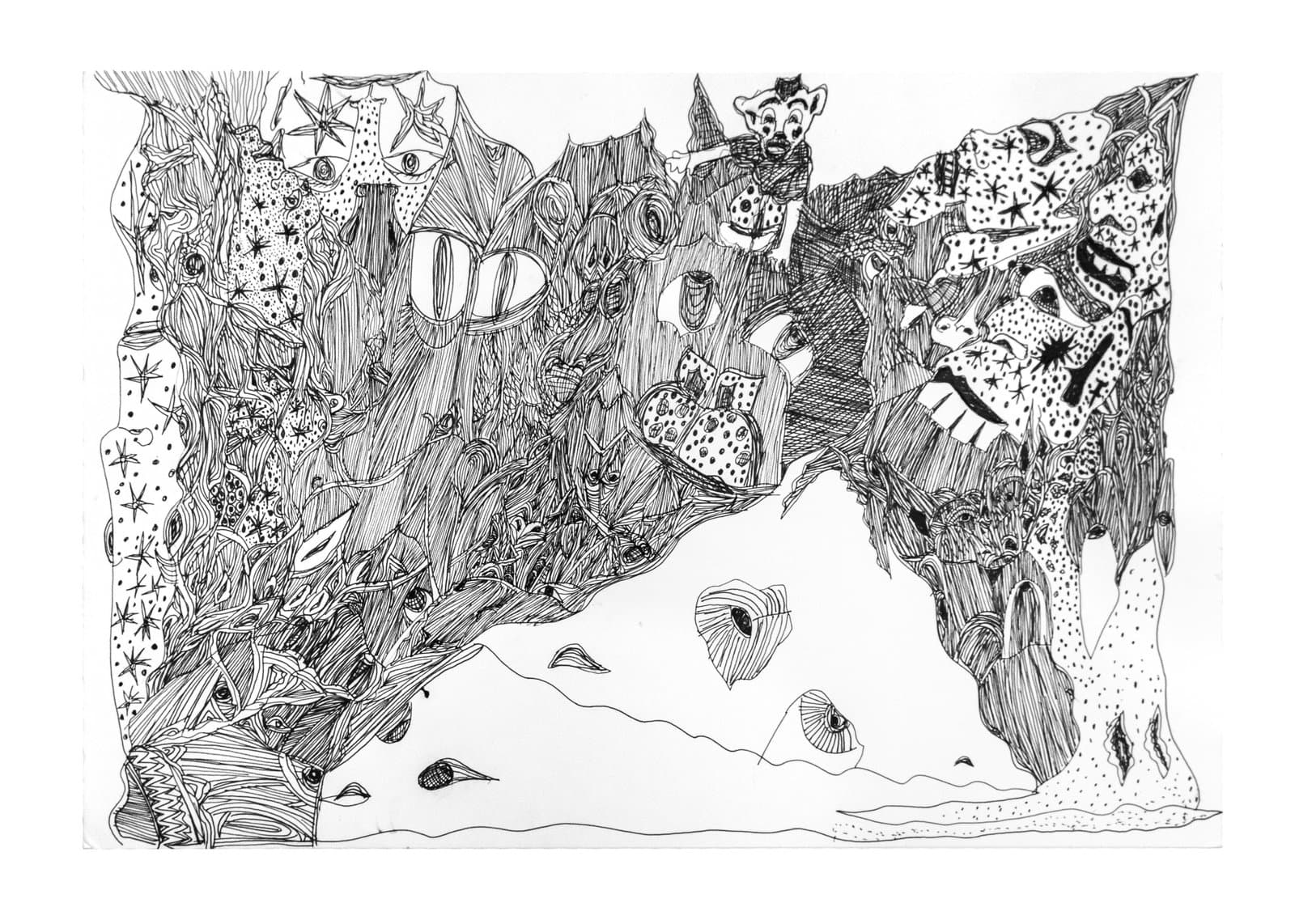 Dense black ink drawing on white paper with intricate organic and figural forms filling the upper two-thirds of the composition.