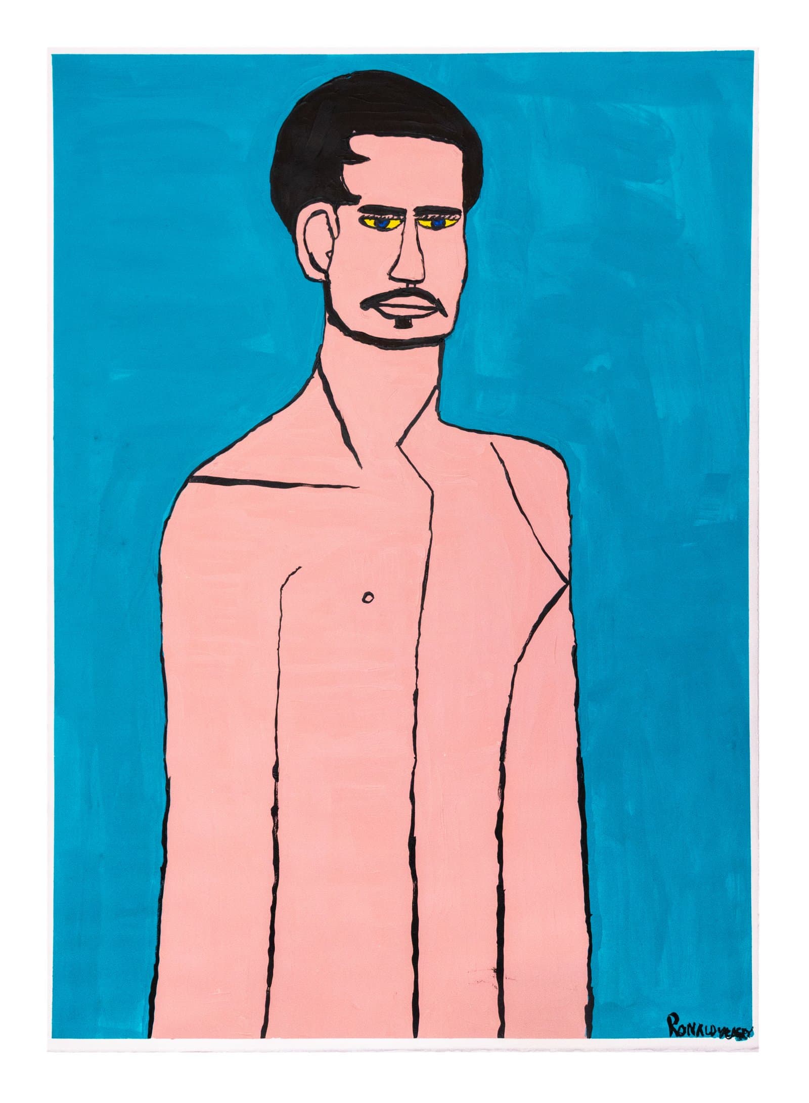 Acrylic painting of a shirtless male figure in pink against a teal blue background, with yellow eyes and dark hair.