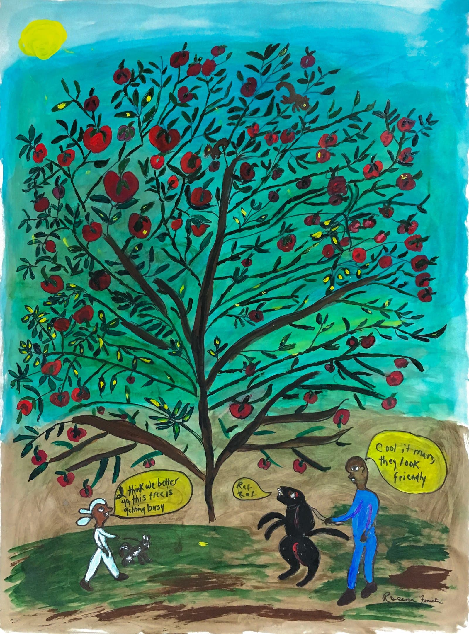 Acrylic painting of a large red apple tree with two human figures, a black dog, and speech bubbles on paper.
