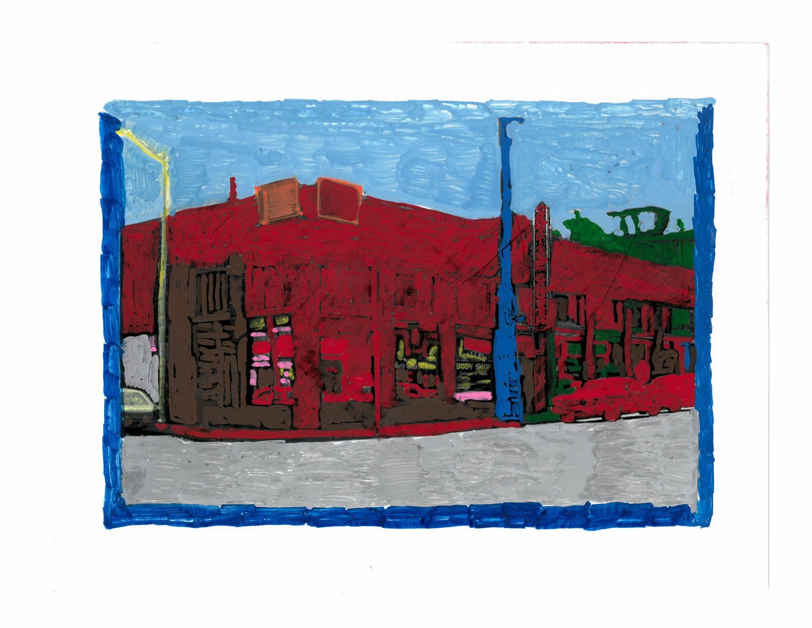 Acrylic painting over found photograph depicting a red corner building with blue border, street lamps, and gray sidewalk.
