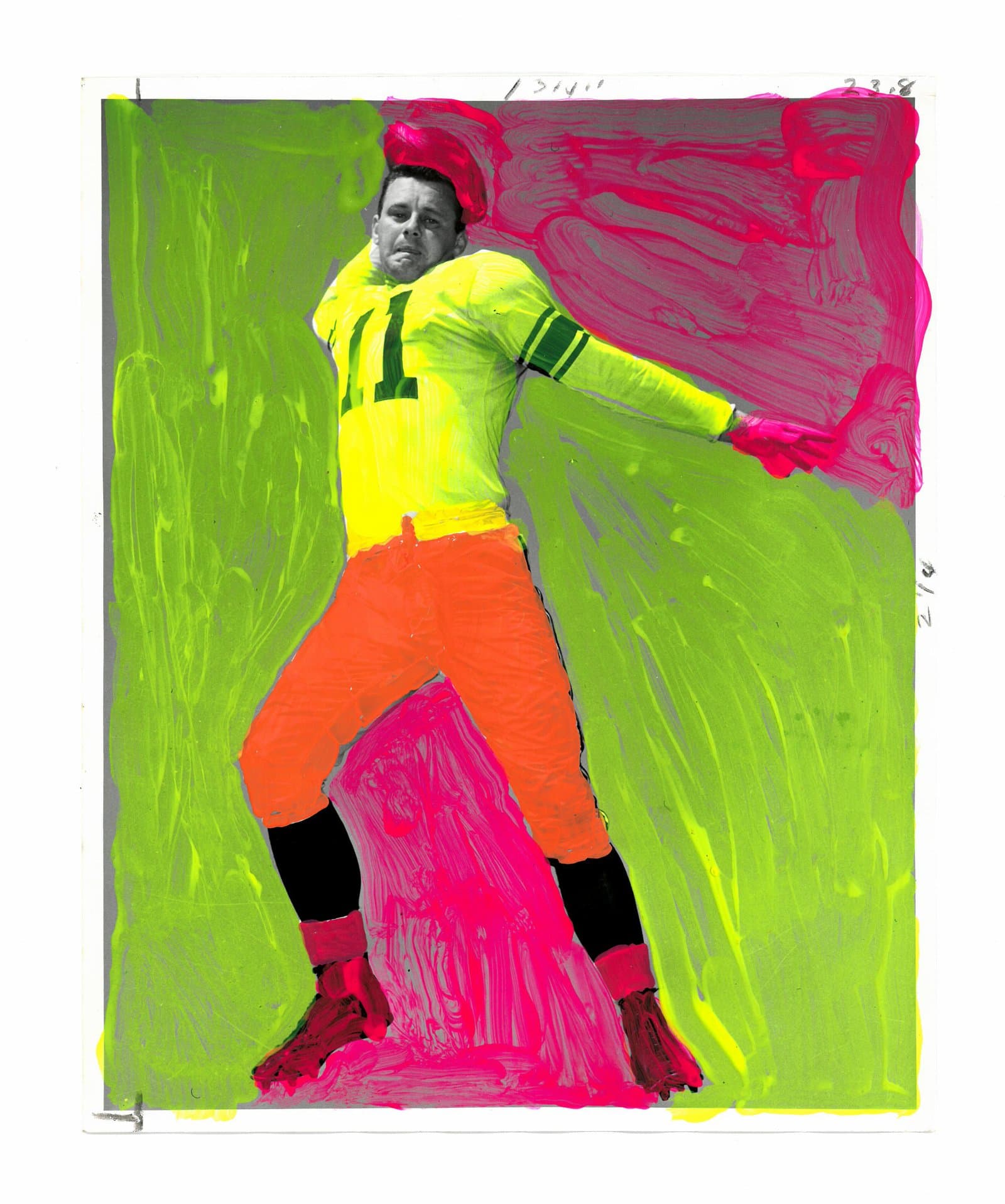 Acrylic paint on found photograph of a football player in jersey #11, overlaid with neon green, pink, and orange brushstrokes.