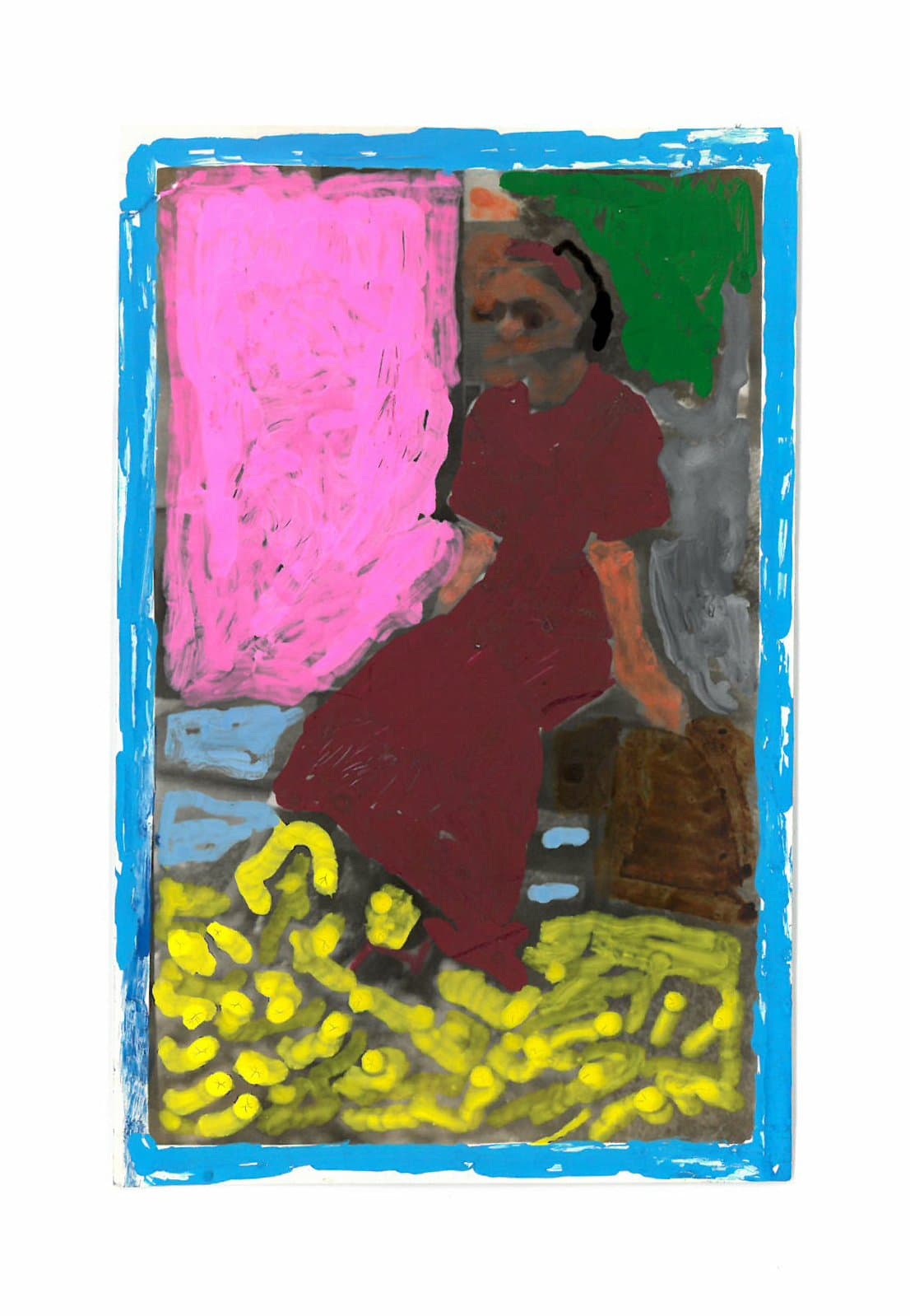 Acrylic paint over a found photograph depicting a seated figure in a dark red dress, with bright pink, green, and yellow marks.