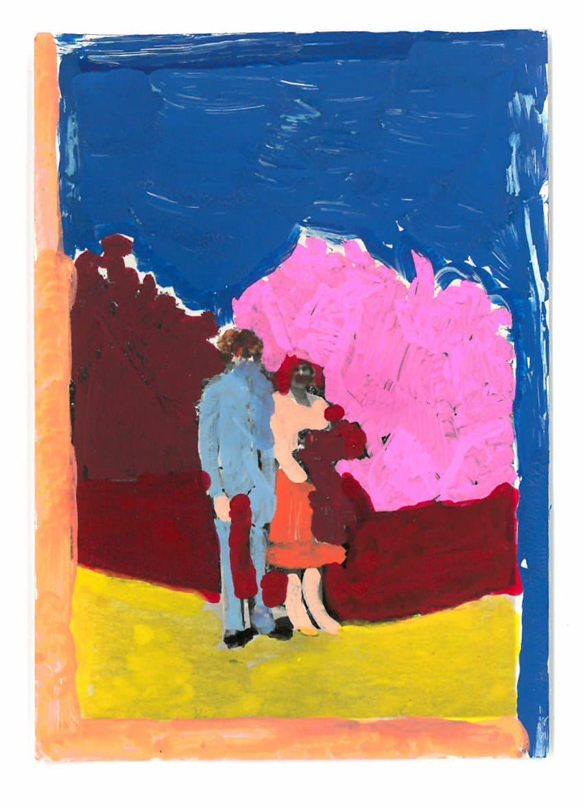 Acrylic on found photograph showing two figures standing together, surrounded by bold fields of blue, pink, burgundy, and yellow.