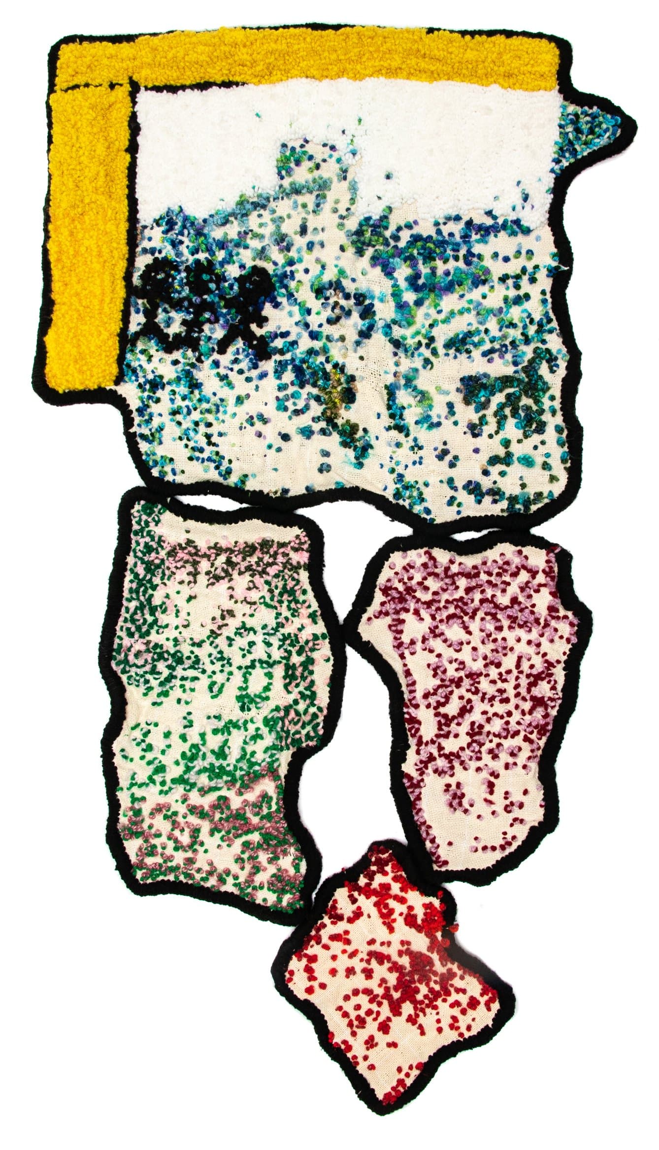 Hooked rug with irregular fabric panels outlined in black yarn, featuring dotted patterns in teal, green, purple, and red on white.