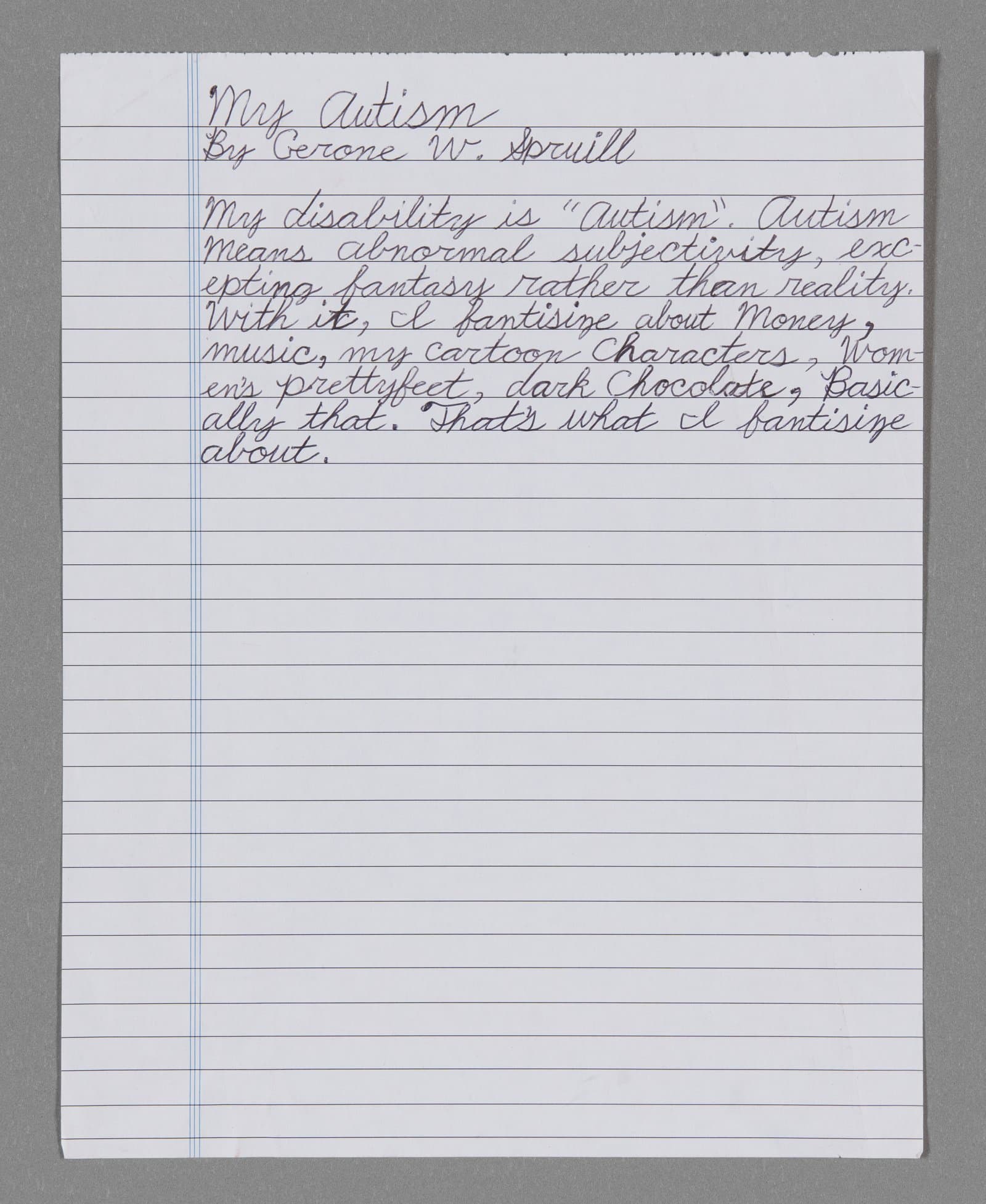 Handwritten text in blue ink on lined notebook paper titled 'My Autism' by Gerone W. Spruill.