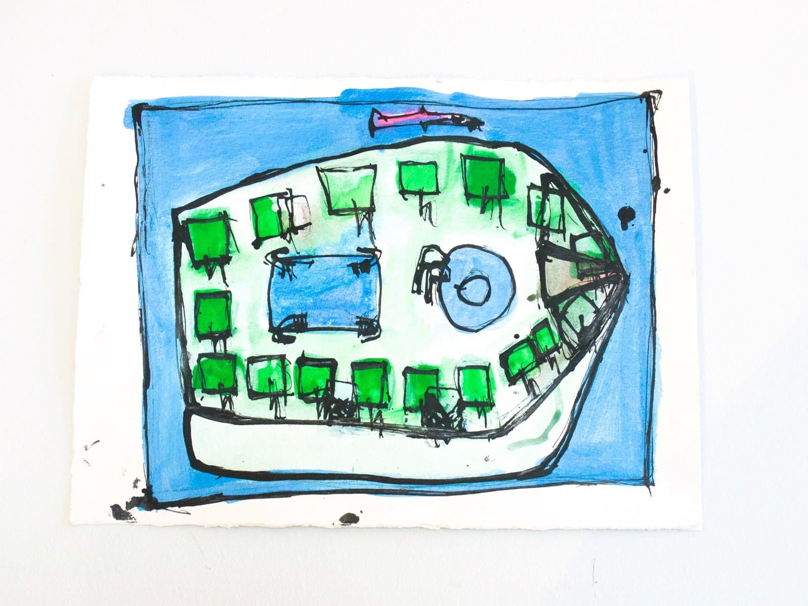 Drawing of skull-like face with green square teeth, blue eye, and pink element on top, markers on paper