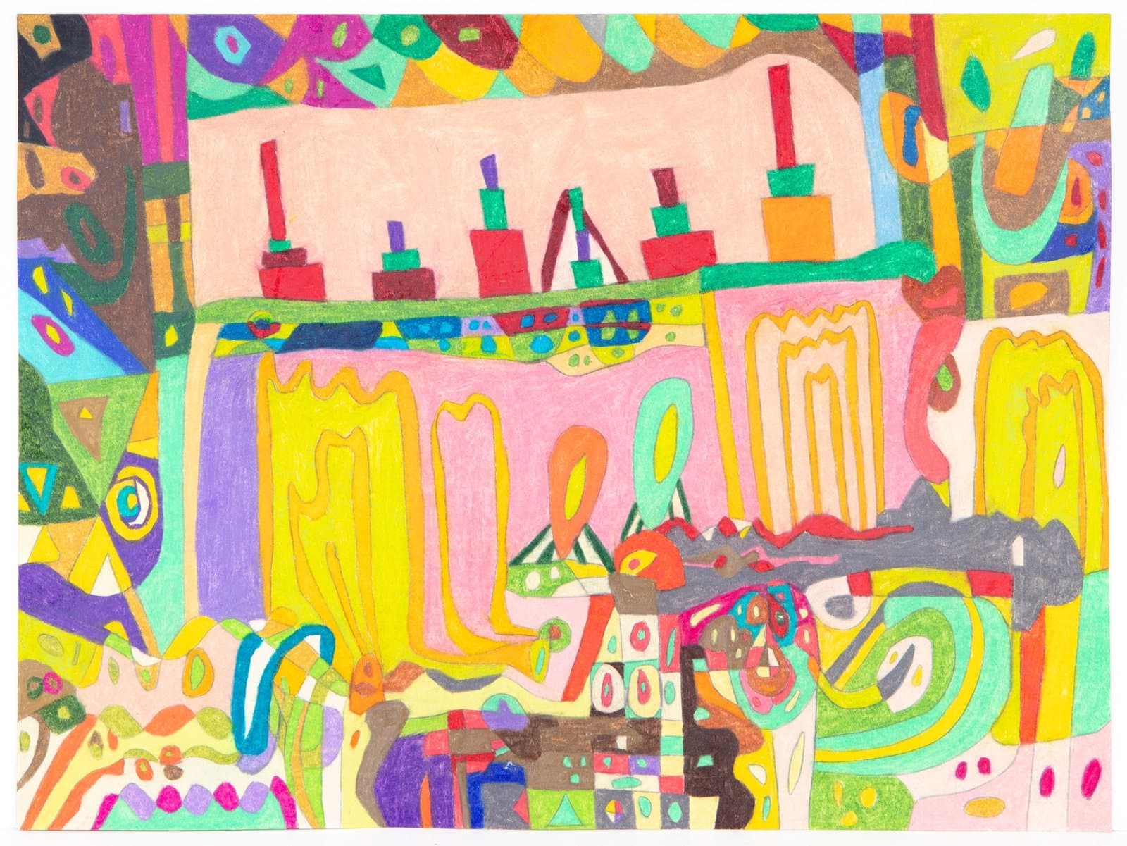 Colorful abstract drawing in colored pencil with architectural forms, stacked shapes, and vibrant geometric patterns on paper.