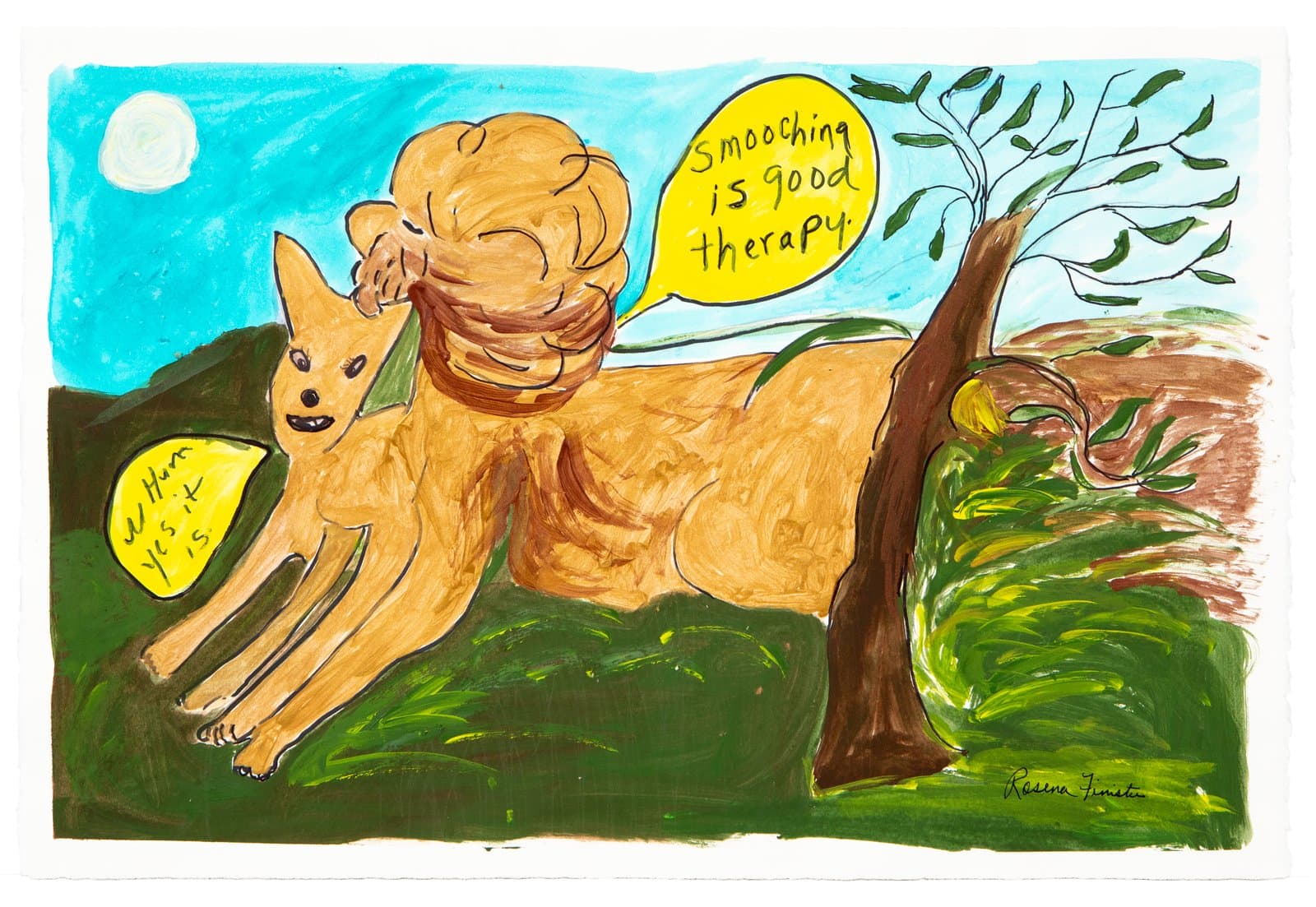 Acrylic and ink painting of a golden dog reclining outdoors with two yellow speech bubbles containing handwritten text.