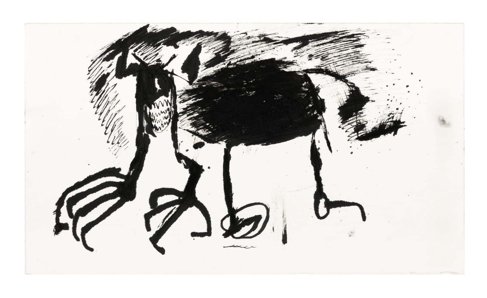 Bold black ink drawing of a four-legged creature with a skull-like head, clawed feet, and expressive hatched brushstrokes on white paper.