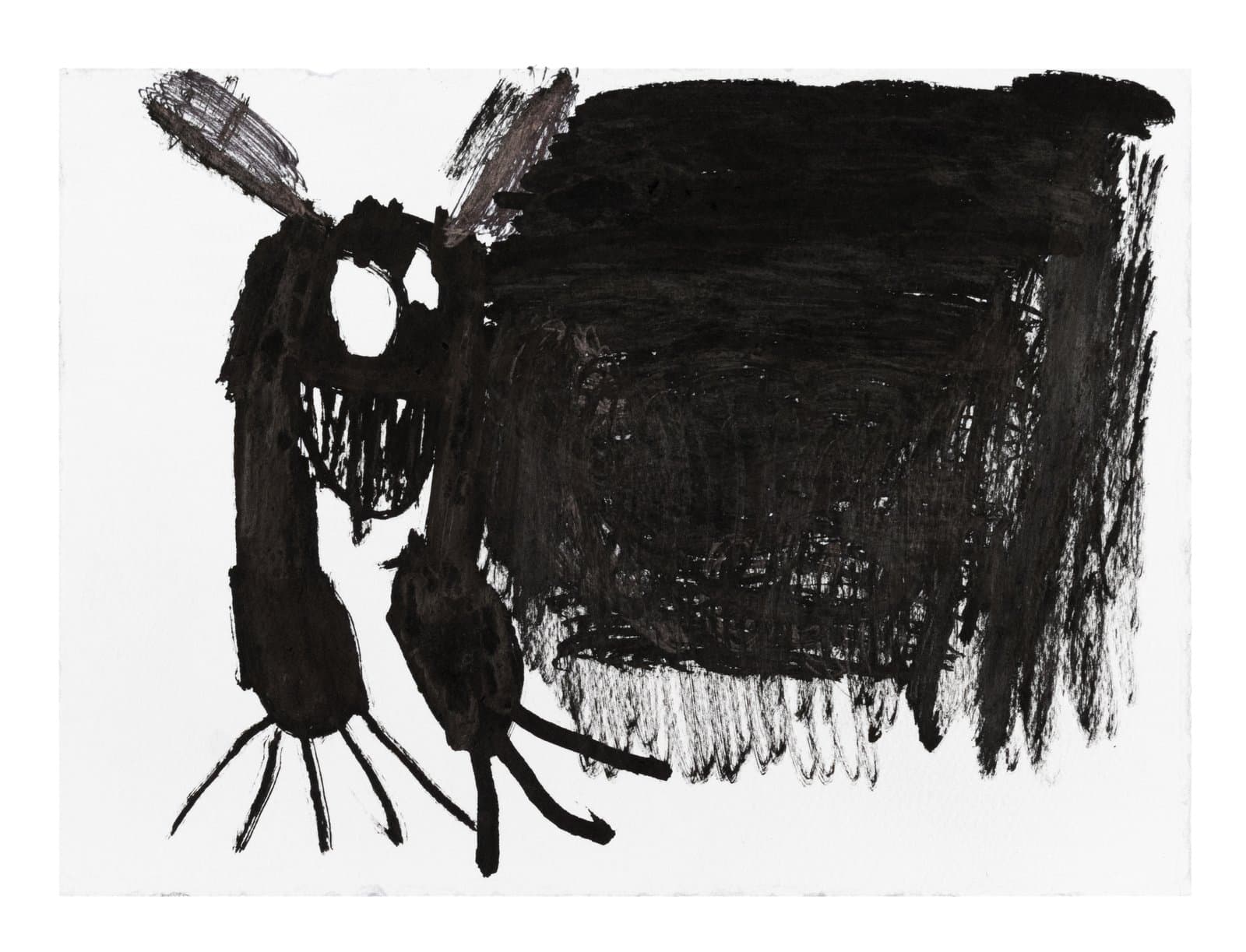 Ink on paper drawing of a black figural creature on the left beside a large black rectangular mass on white paper.