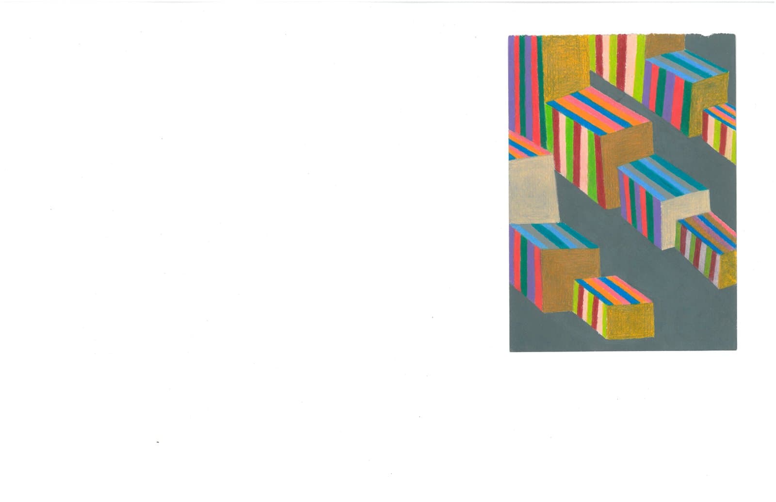 Colored pencil drawing of isometric rectangular blocks with multicolor vertical stripes on a gray background.