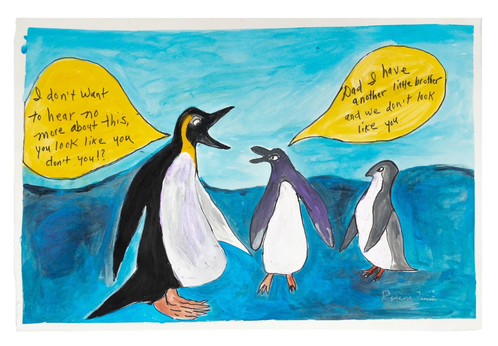 Acrylic painting of three penguins with yellow speech bubbles on a blue background, with handwritten dialogue.