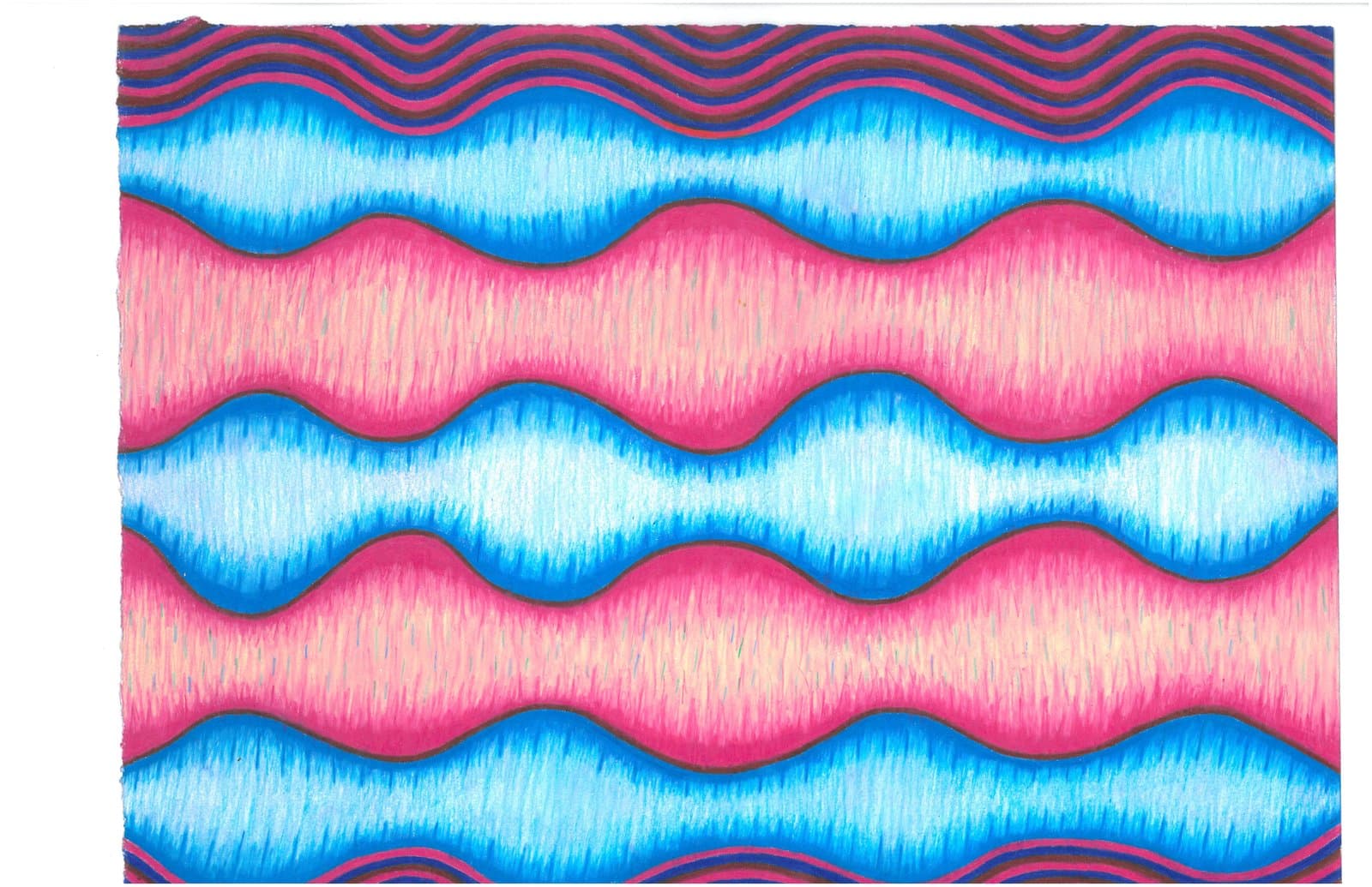 Drawing in colored pencil with horizontal undulating wave bands alternating between bright blue and hot pink on white paper.