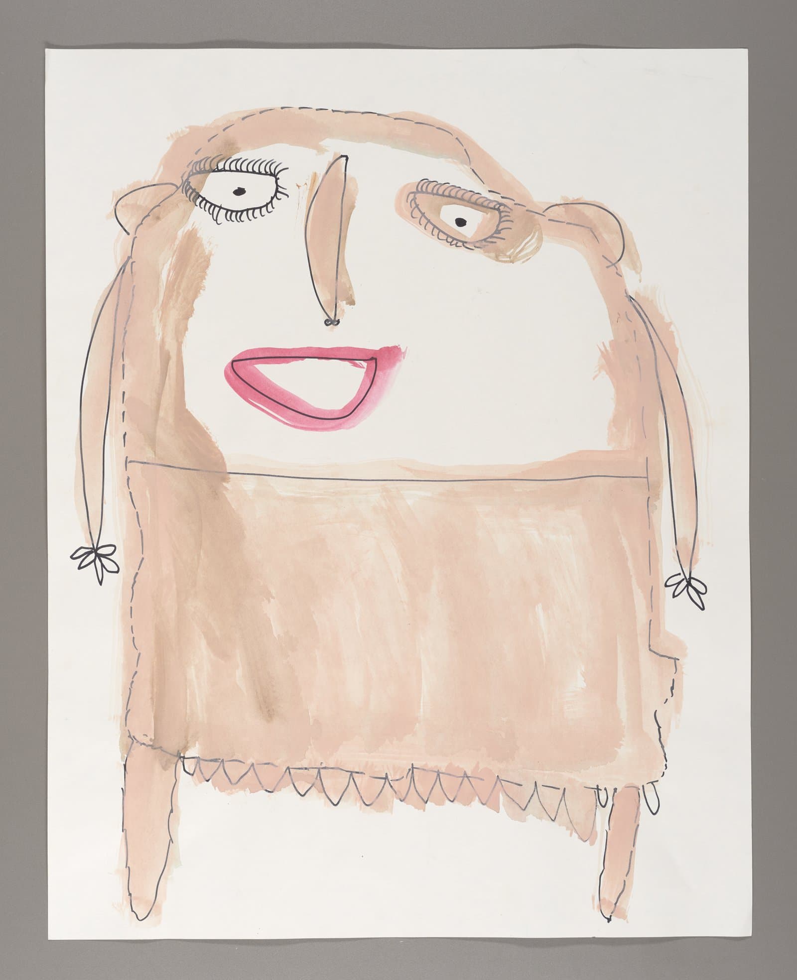 Figurative drawing in watercolor and marker showing a person with long hair wearing a brown dress on white paper.