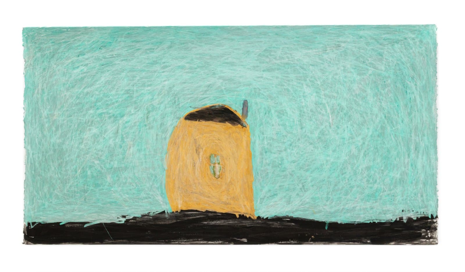 Mixed media drawing of a yellow rounded form centered on a black ground beneath a turquoise sky on paper.